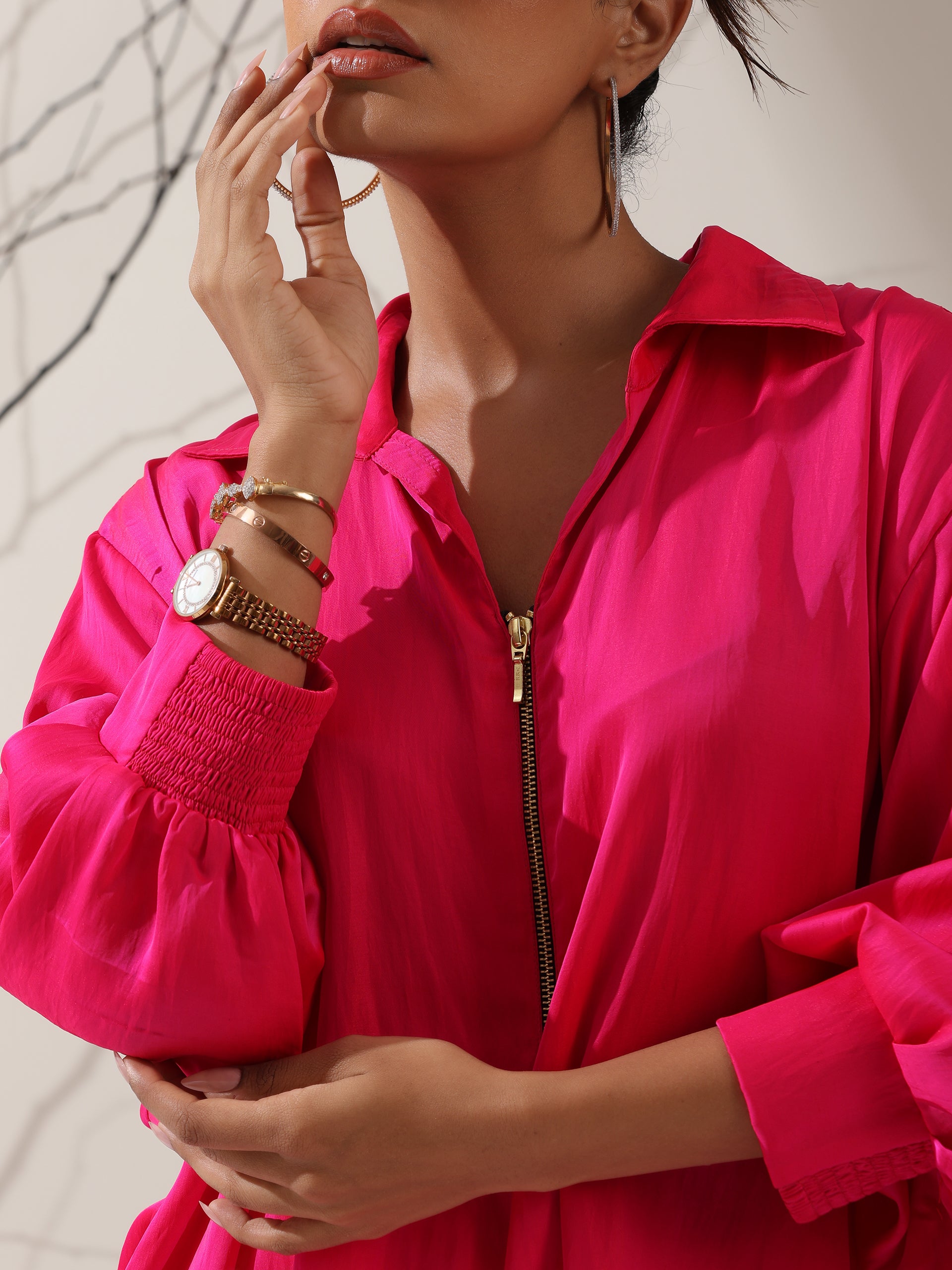 Women's Fuschia Satin Long Zip Shirt with Adjustable Sleeves & White Cotton Pants | 2 Pc Set, Bold Fusion Co-ord, Elegant Contemporary Wear