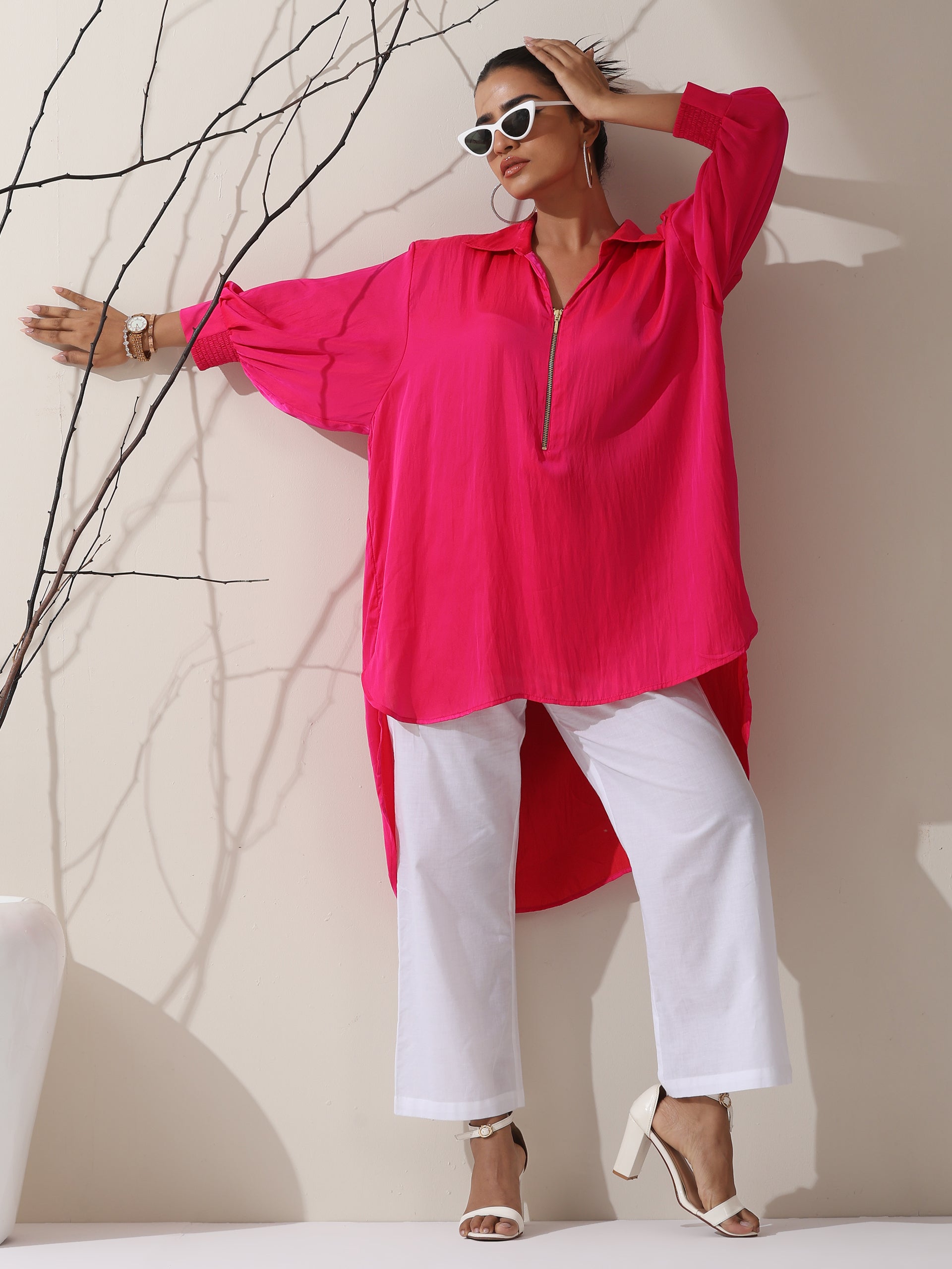Women's Fuschia Satin Long Zip Shirt with Adjustable Sleeves & White Cotton Pants | 2 Pc Set, Bold Fusion Co-ord, Elegant Contemporary Wear