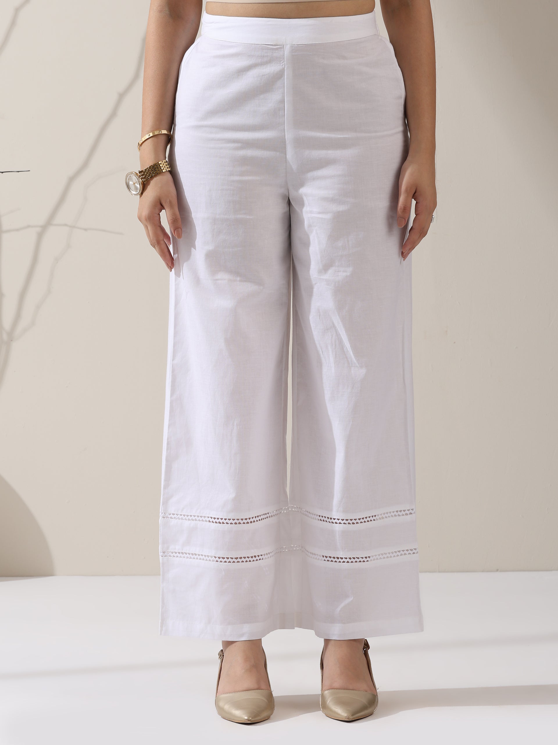 2-Piece White Cotton Kurta Set for Women – V-Neck Design with Lace Insets & Matching Pants | Elegant Everyday Ethnic Wear
