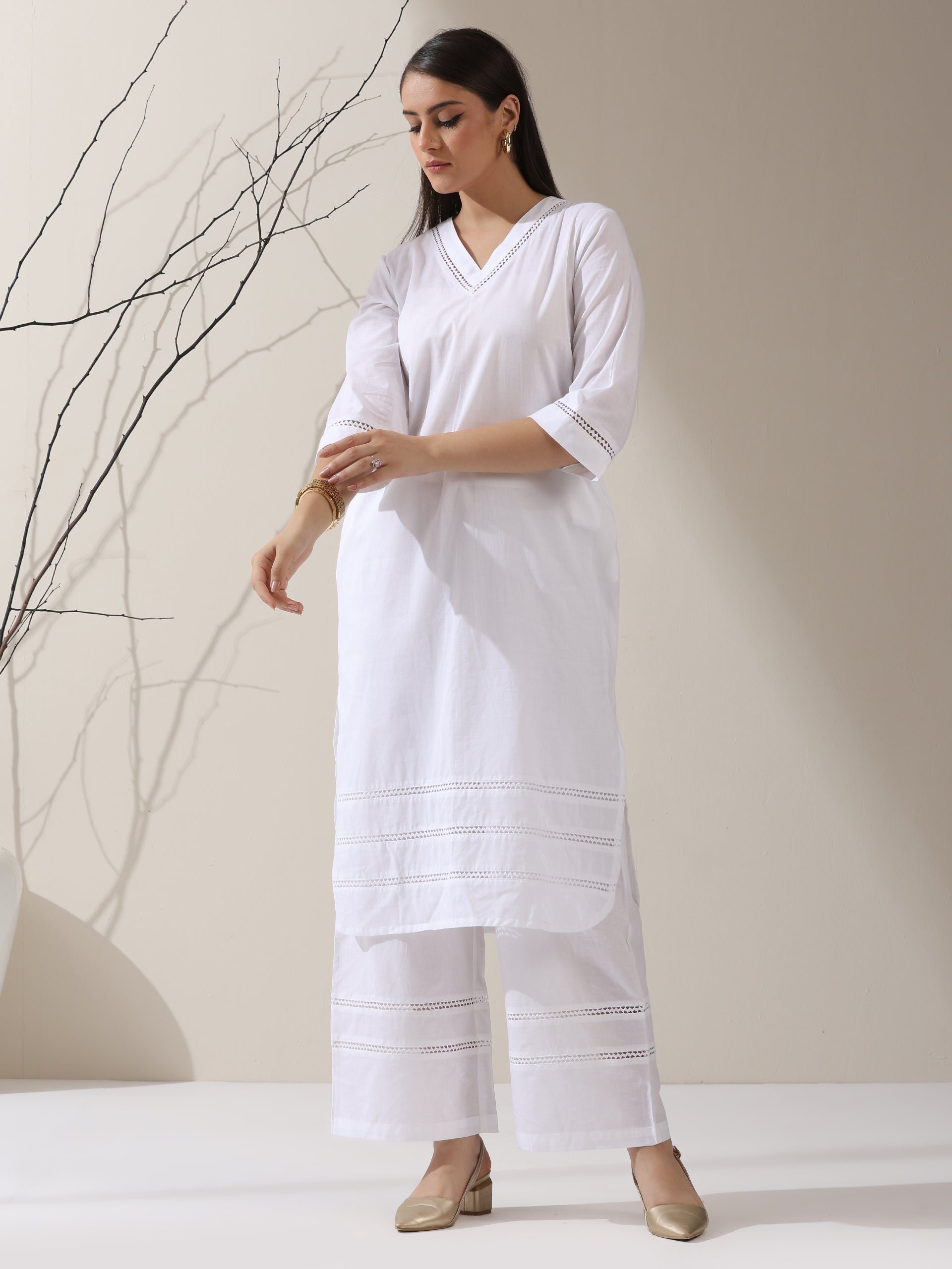 2-Piece White Cotton Kurta Set for Women – V-Neck Design with Lace Insets & Matching Pants | Elegant Everyday Ethnic Wear