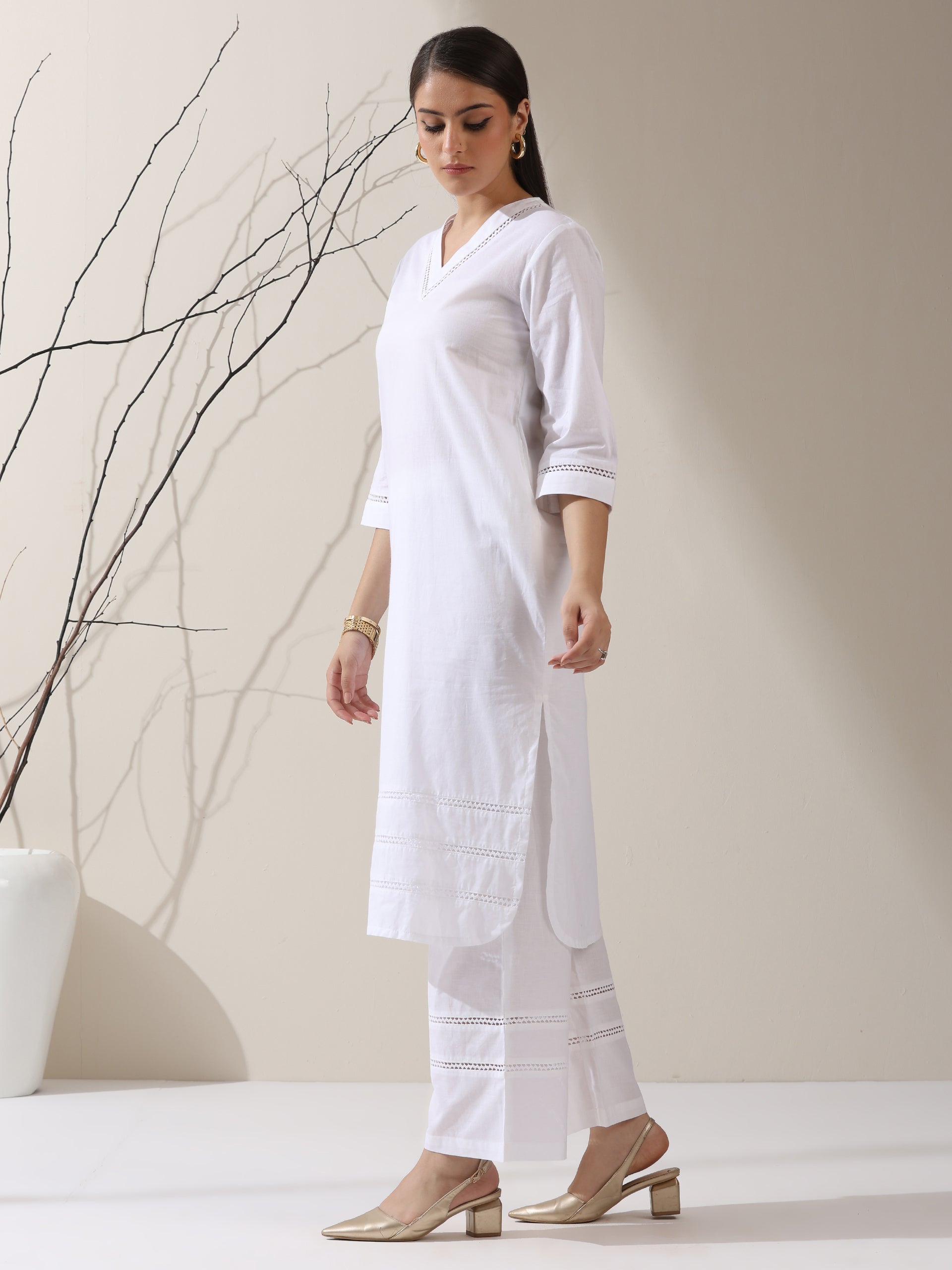 2-Piece White Cotton Kurta Set for Women – V-Neck Design with Lace Insets & Matching Pants | Elegant Everyday Ethnic Wear