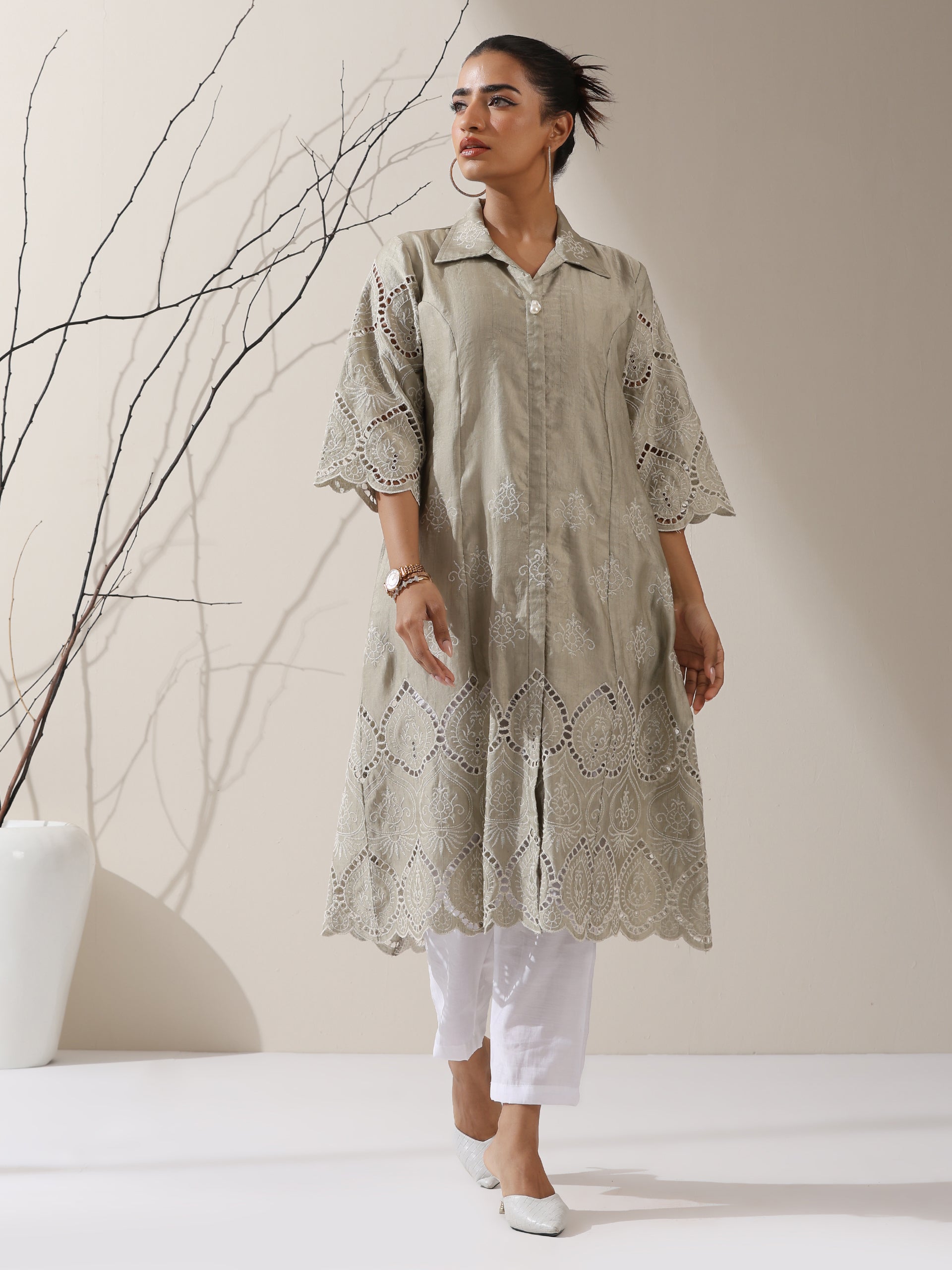 2-Piece Sage Green Lux Schiffli Kurta Set for Women – Embroidered Panelled Collar Design with White Cotton Pants