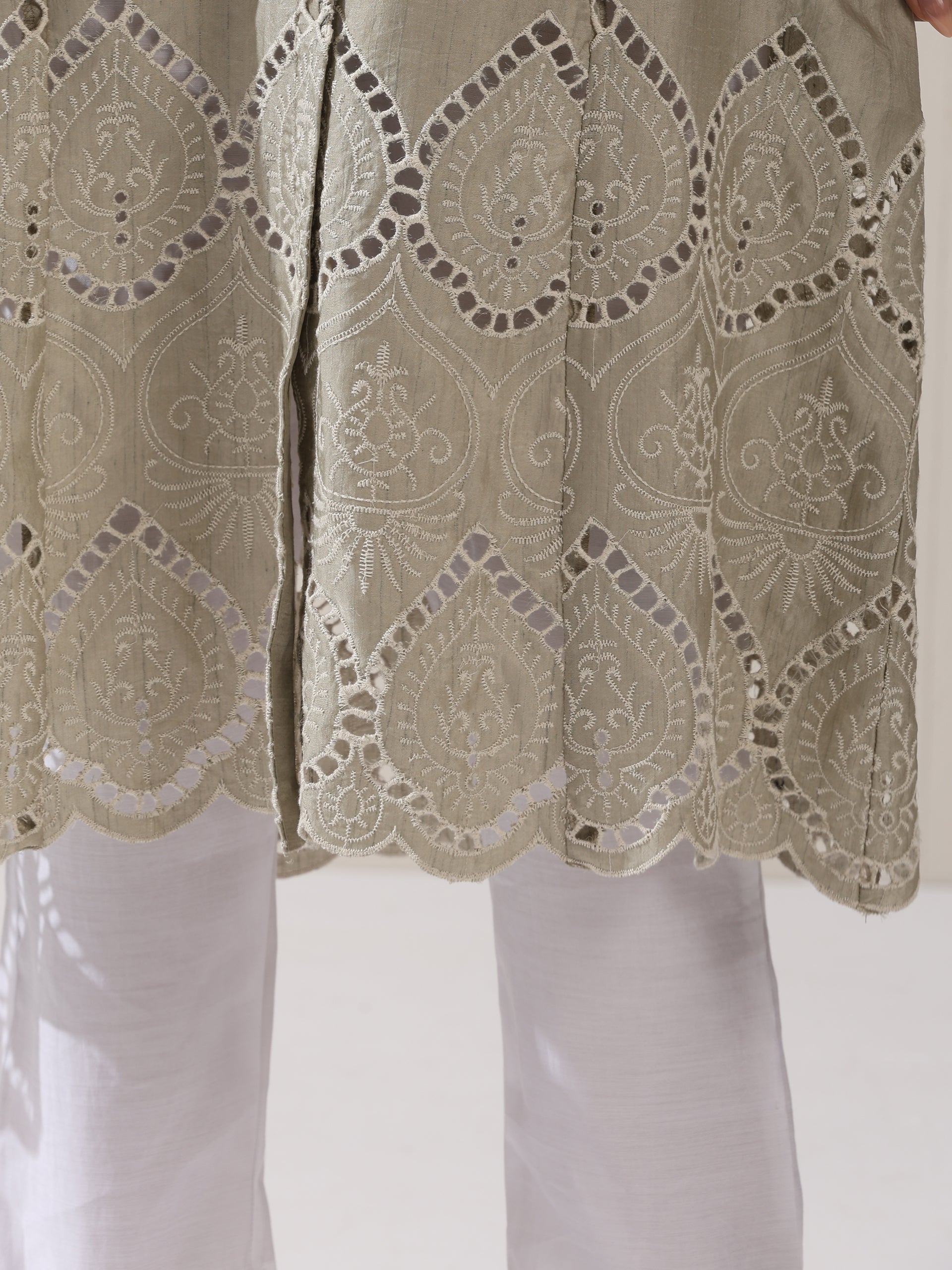 2-Piece Sage Green Lux Schiffli Kurta Set for Women – Embroidered Panelled Collar Design with White Cotton Pants