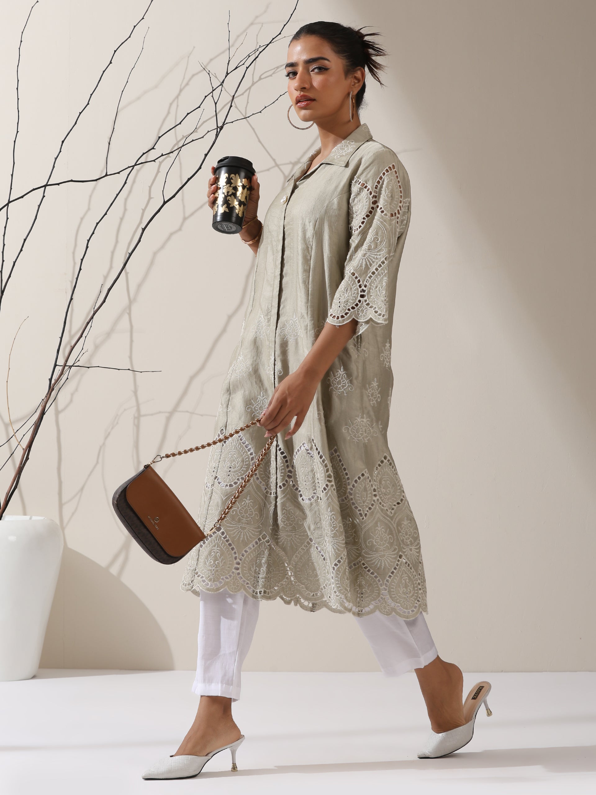 2-Piece Sage Green Lux Schiffli Kurta Set for Women – Embroidered Panelled Collar Design with White Cotton Pants
