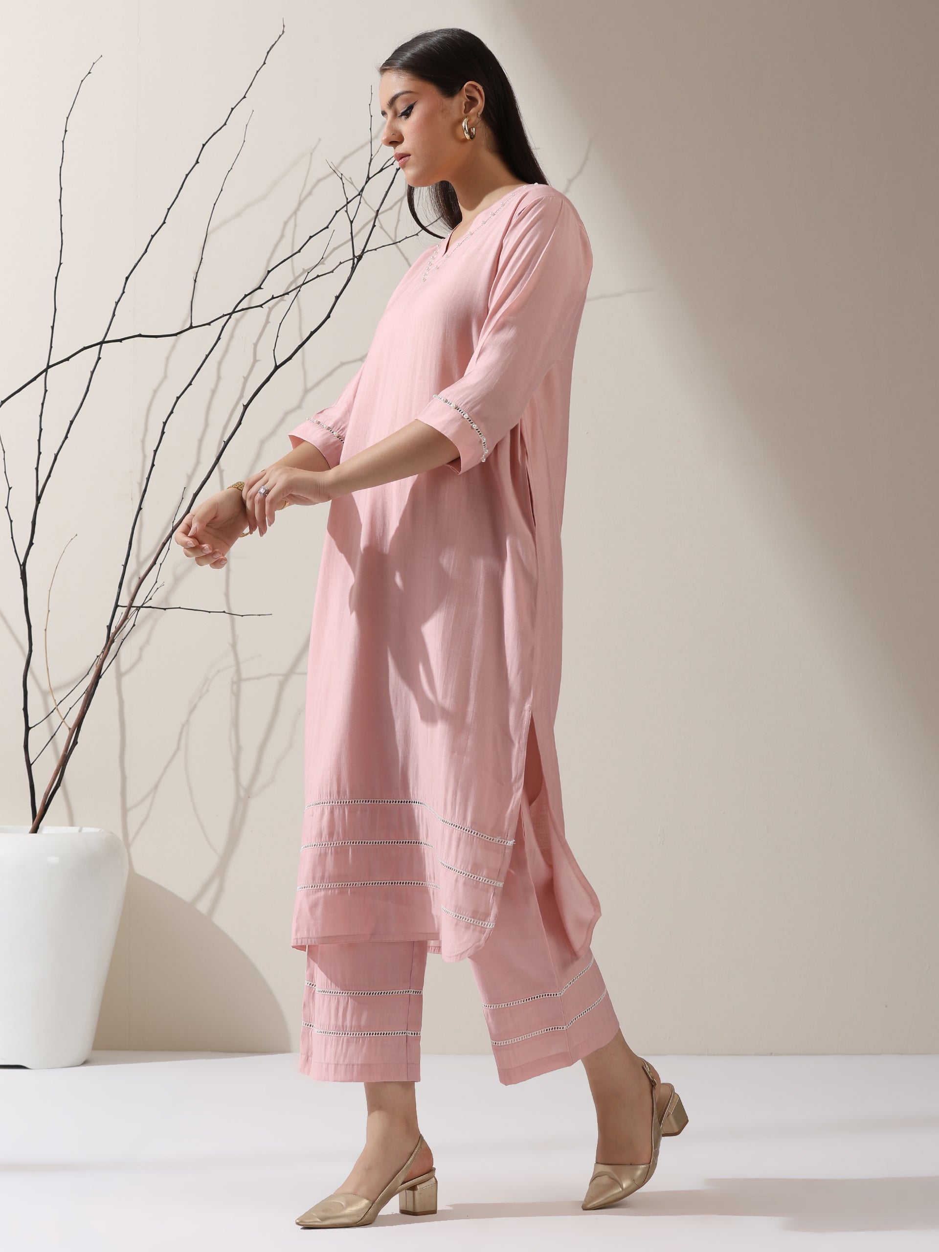 Women's Pink AirSkin V-Neck Kurta with Lace and Pearl Insets & Pants | 2 Pc Set, Soft Ethnic Co-ord, Lightweight & Elegant Everyday Wear