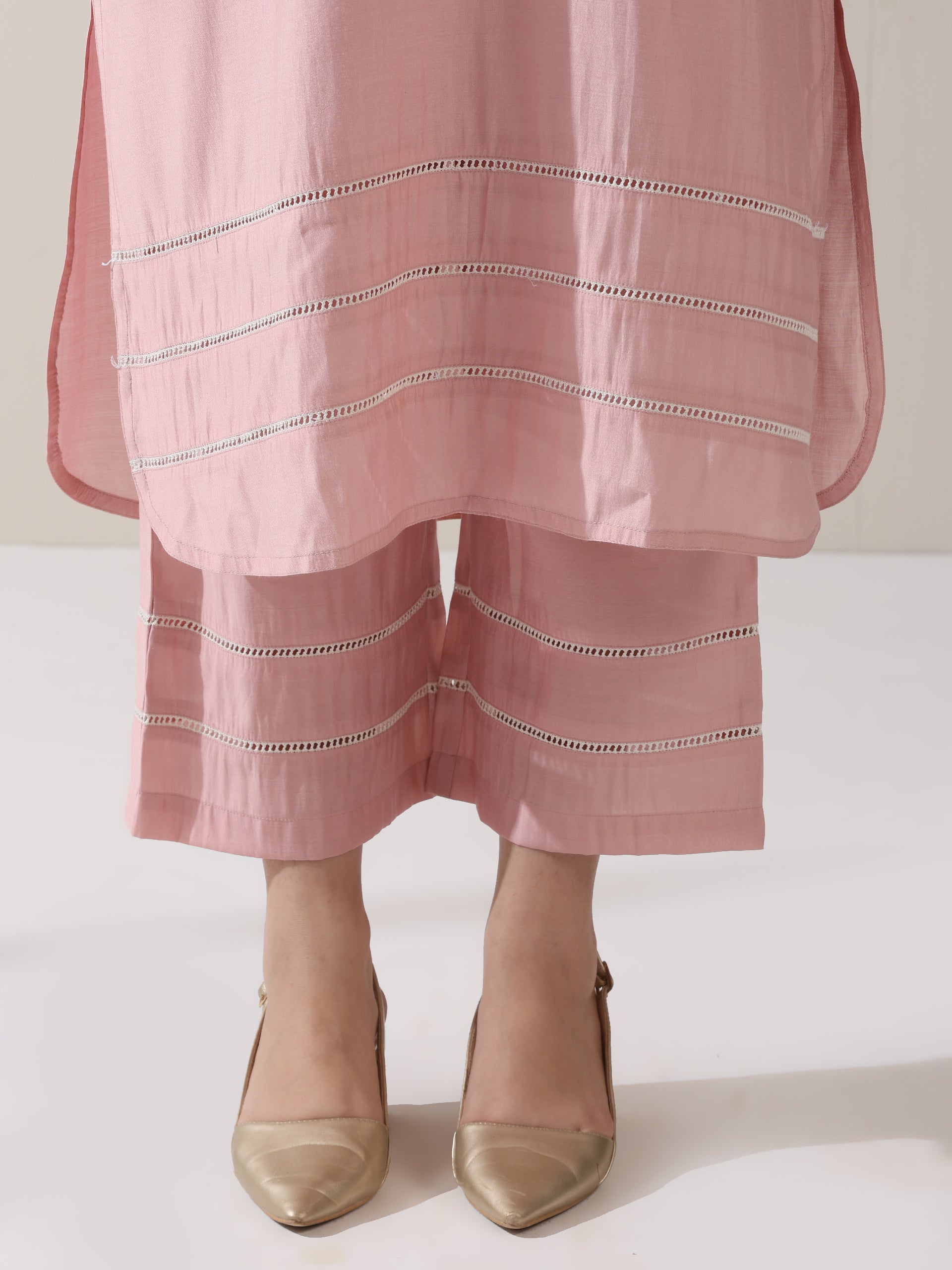 Women's Pink AirSkin V-Neck Kurta with Lace and Pearl Insets & Pants | 2 Pc Set, Soft Ethnic Co-ord, Lightweight & Elegant Everyday Wear