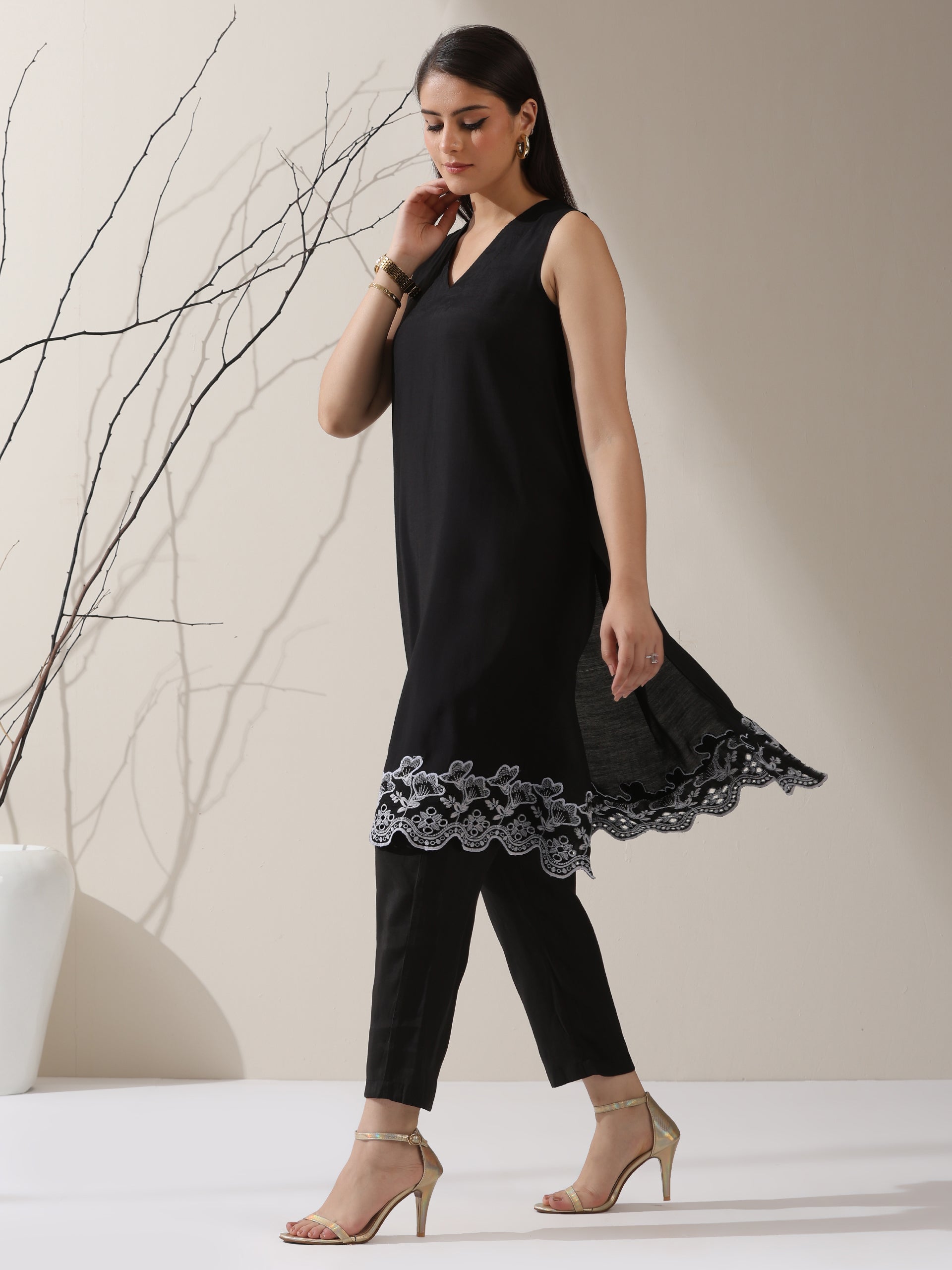 Women's Black AirSkin Schiffli A-Line Kurta with Pants | 2 Pc Set, Lightweight Embroidered Ethnic Co-ord, Elegant Summer Wear