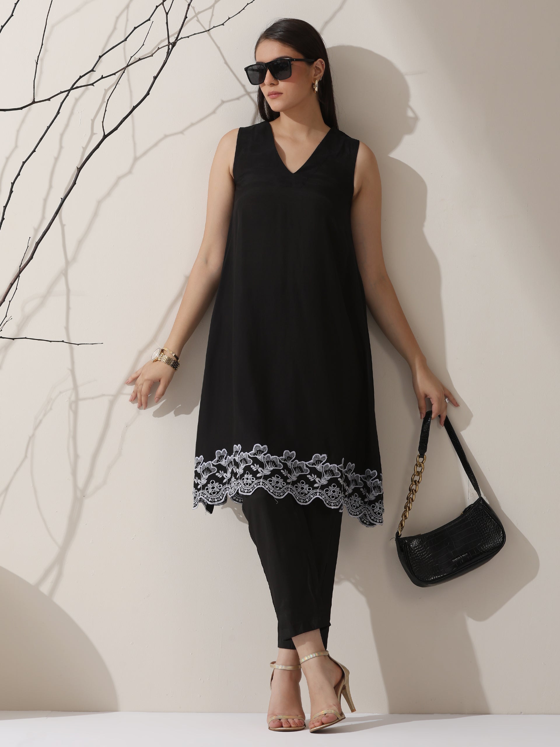 Women's Black AirSkin Schiffli A-Line Kurta with Pants | 2 Pc Set, Lightweight Embroidered Ethnic Co-ord, Elegant Summer Wear