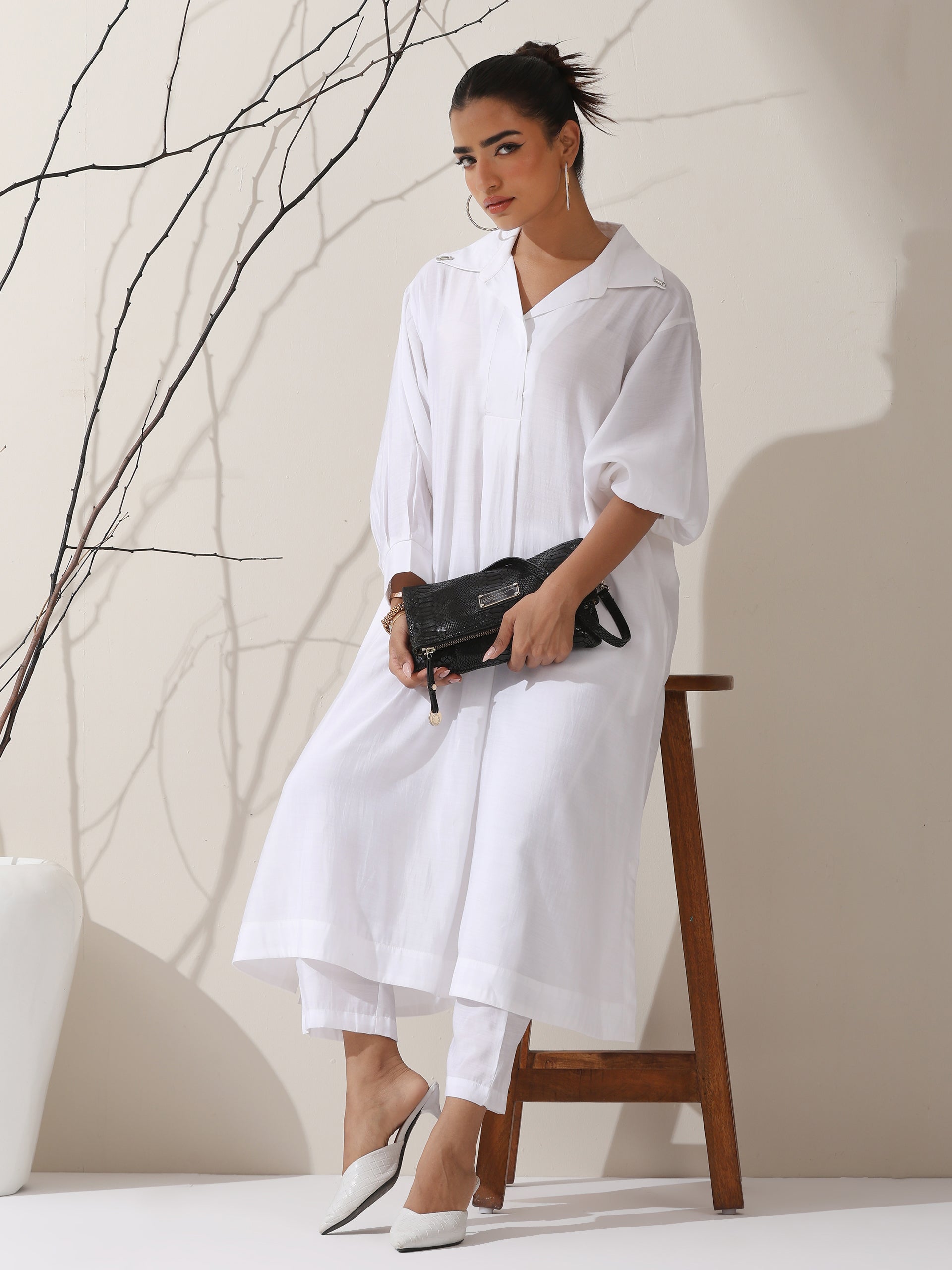 Women's White AirSkin Oversized Dress Shirt with Adjustable Sleeves, Pants & Inner Slip | 2 Pc Set, Lightweight Co-ord, Effortless Contemporary Wear