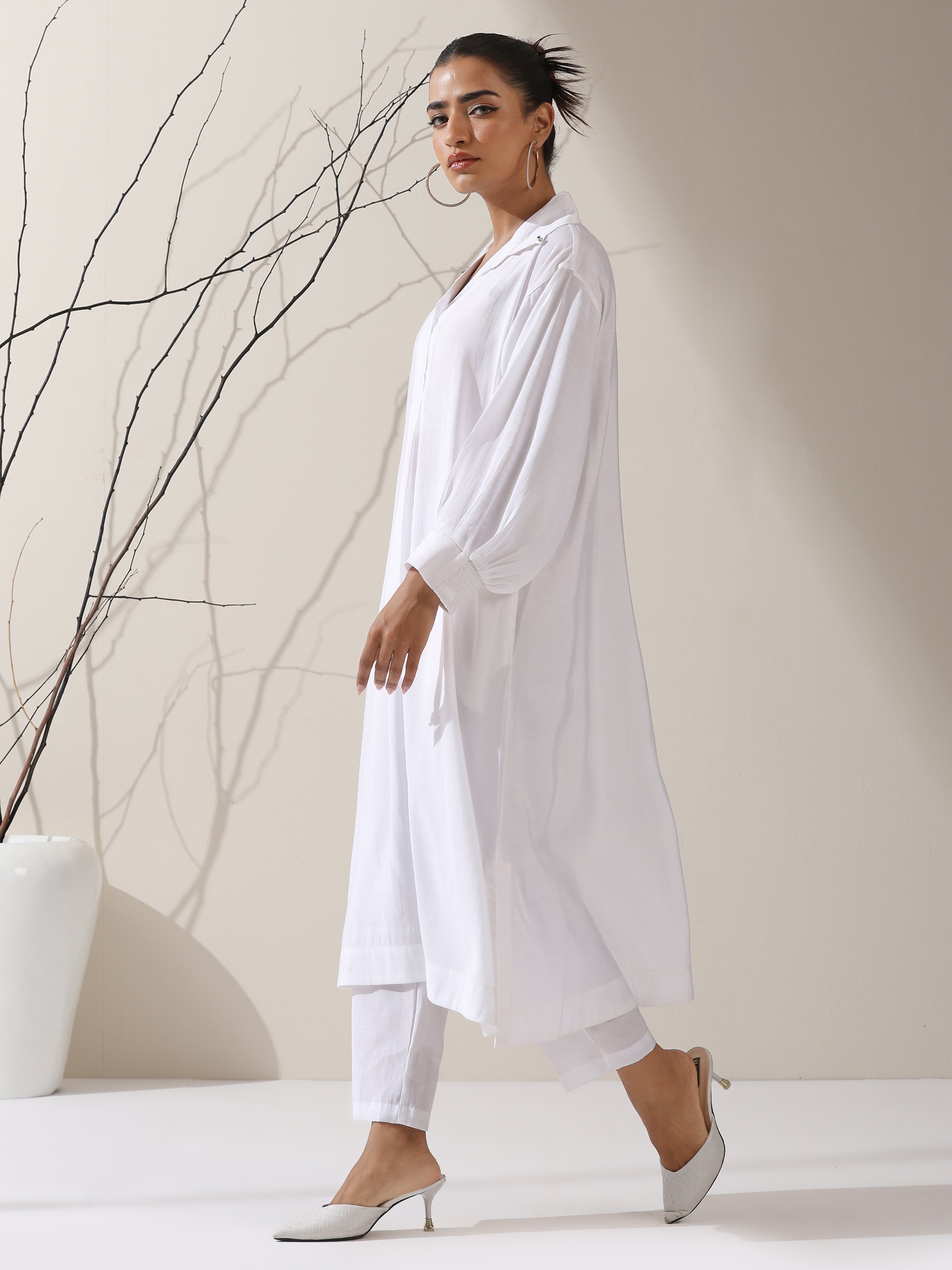 Women's White AirSkin Oversized Dress Shirt with Adjustable Sleeves, Pants & Inner Slip | 2 Pc Set, Lightweight Co-ord, Effortless Contemporary Wear