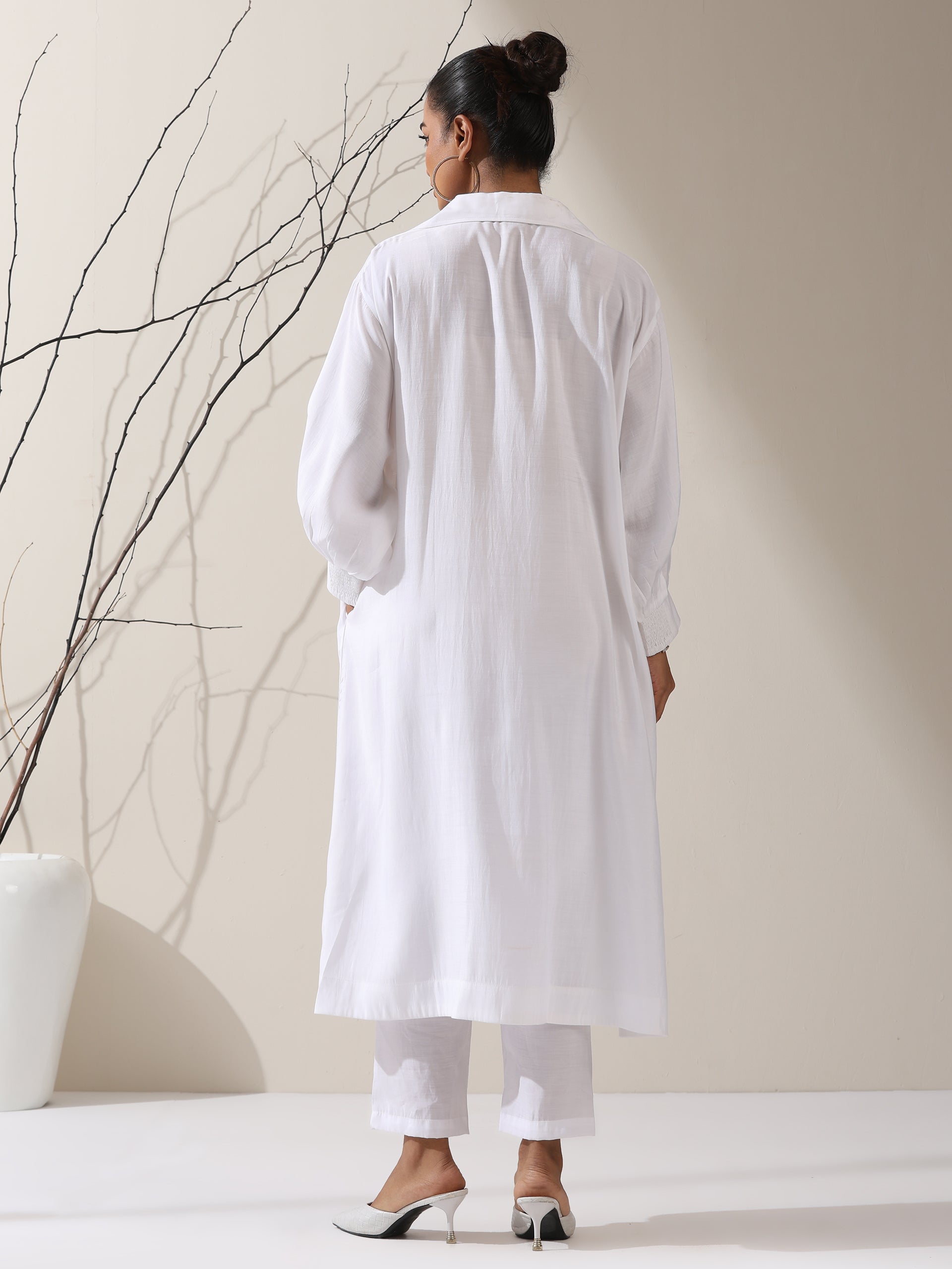 Women's White AirSkin Oversized Dress Shirt with Adjustable Sleeves, Pants & Inner Slip | 2 Pc Set, Lightweight Co-ord, Effortless Contemporary Wear