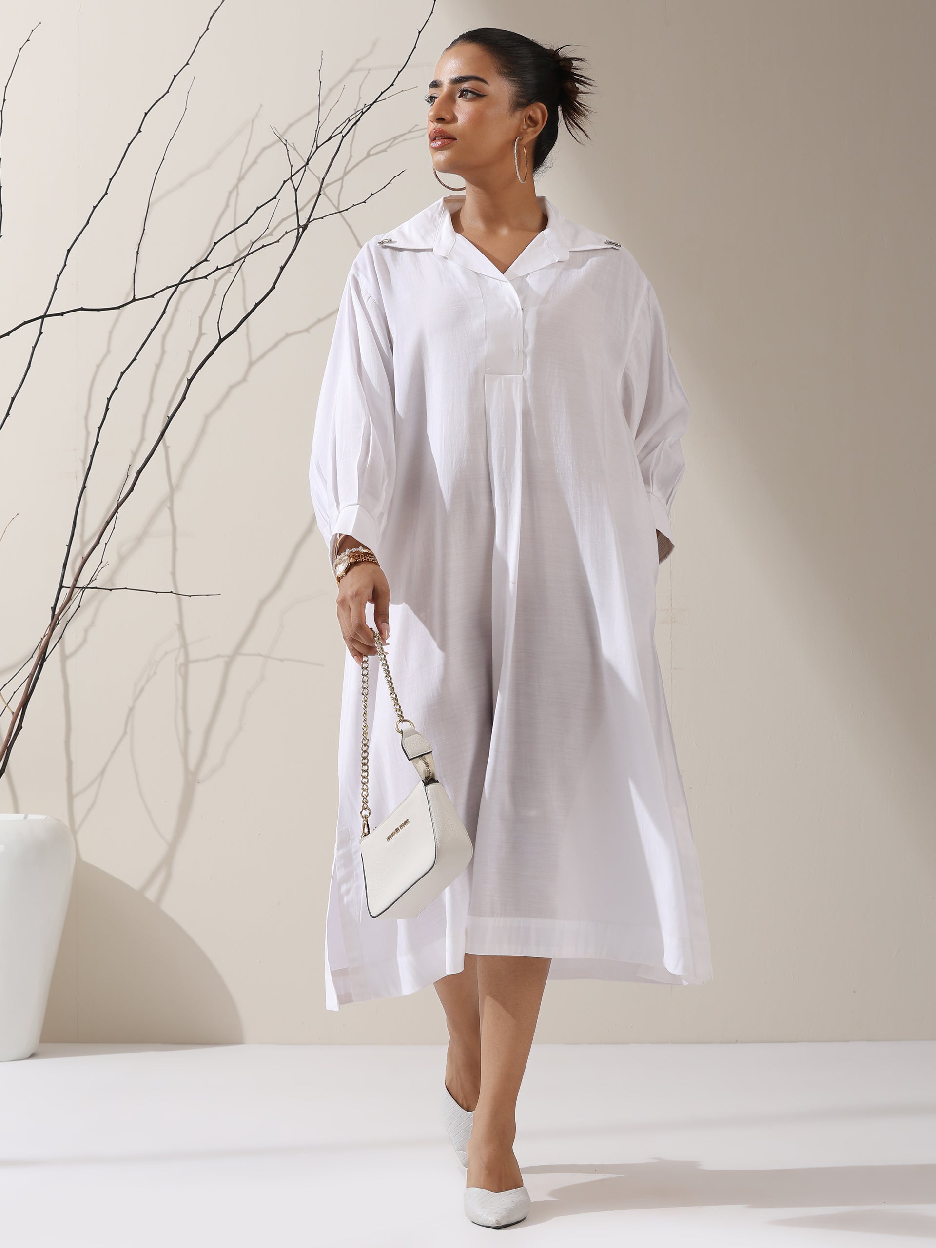 Women's White AirSkin Oversized Dress Shirt with Adjustable Sleeves & Slip | 1 Pc Set, Lightweight Layered Look, Modern Modest Wear
