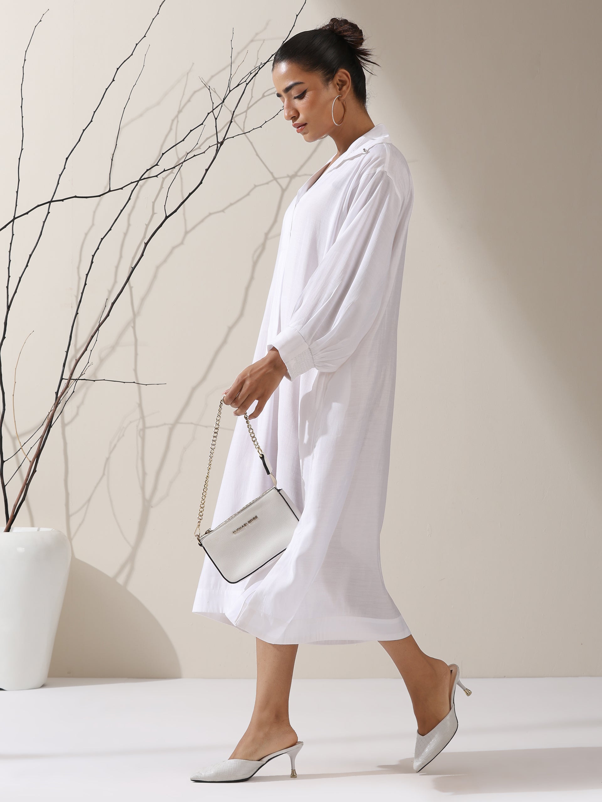 Women's White AirSkin Oversized Dress Shirt with Adjustable Sleeves & Slip | 1 Pc Set, Lightweight Layered Look, Modern Modest Wear