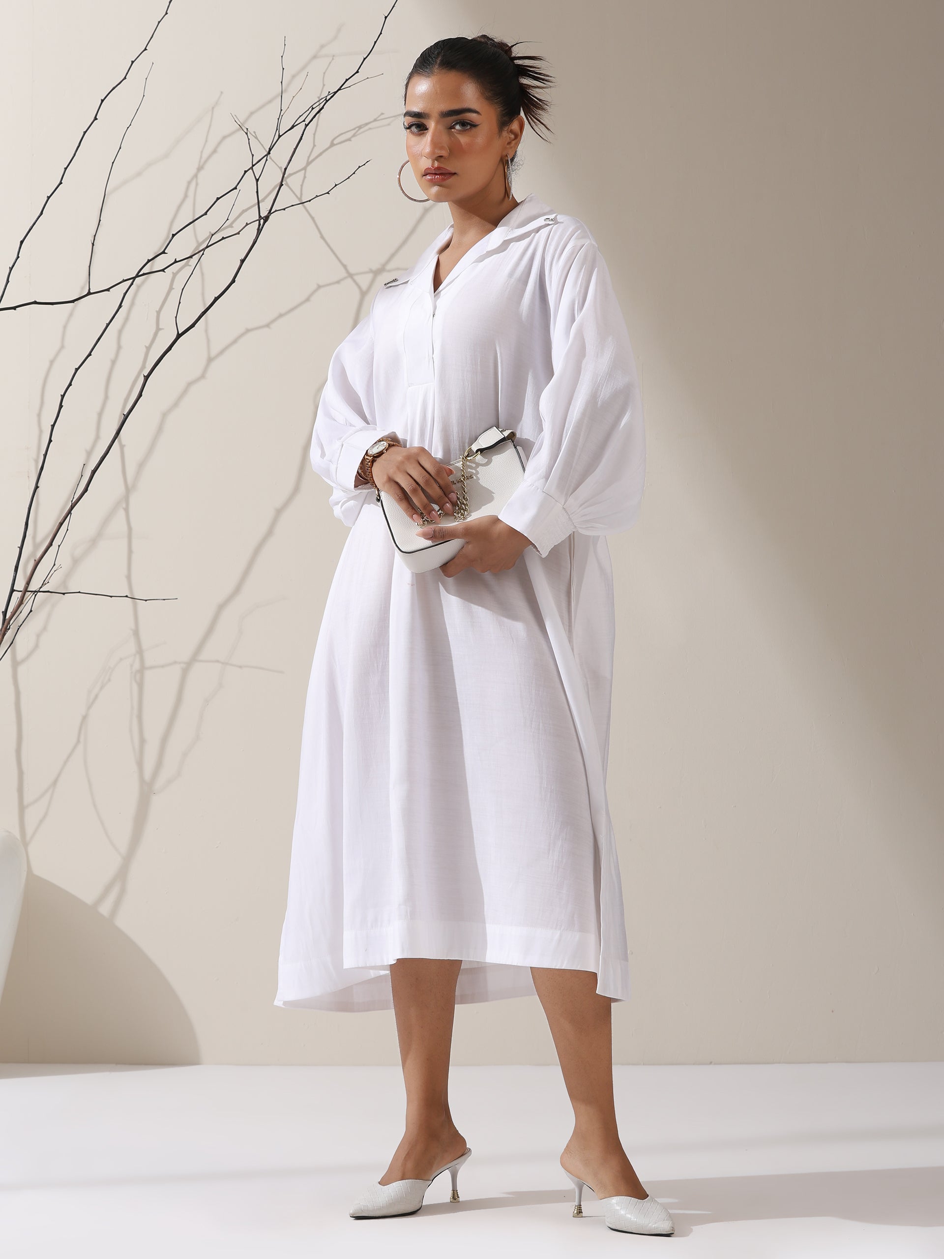 Women's White AirSkin Oversized Dress Shirt with Adjustable Sleeves & Slip | 1 Pc Set, Lightweight Layered Look, Modern Modest Wear
