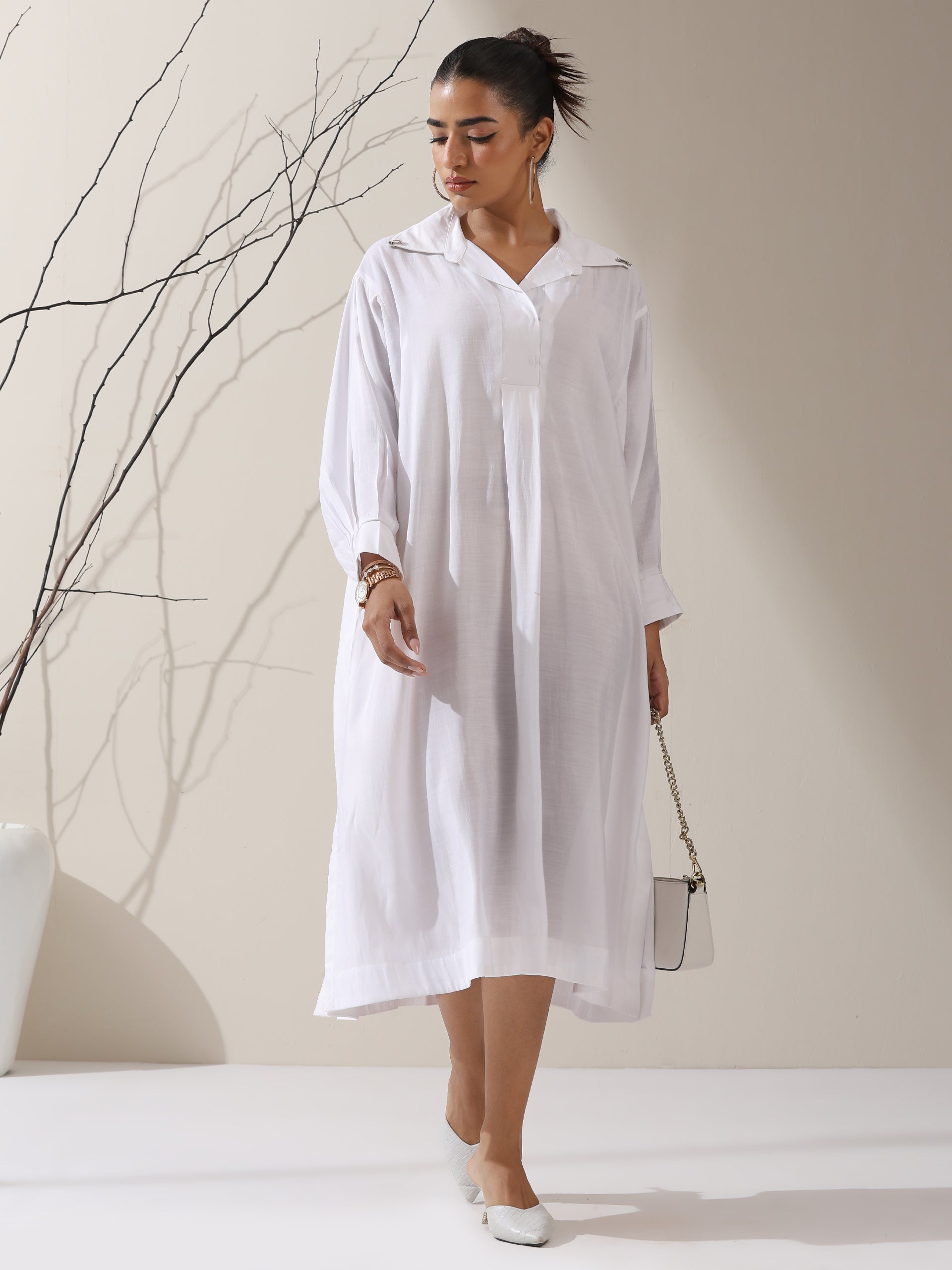 Women's White AirSkin Oversized Dress Shirt with Adjustable Sleeves & Slip | 1 Pc Set, Lightweight Layered Look, Modern Modest Wear