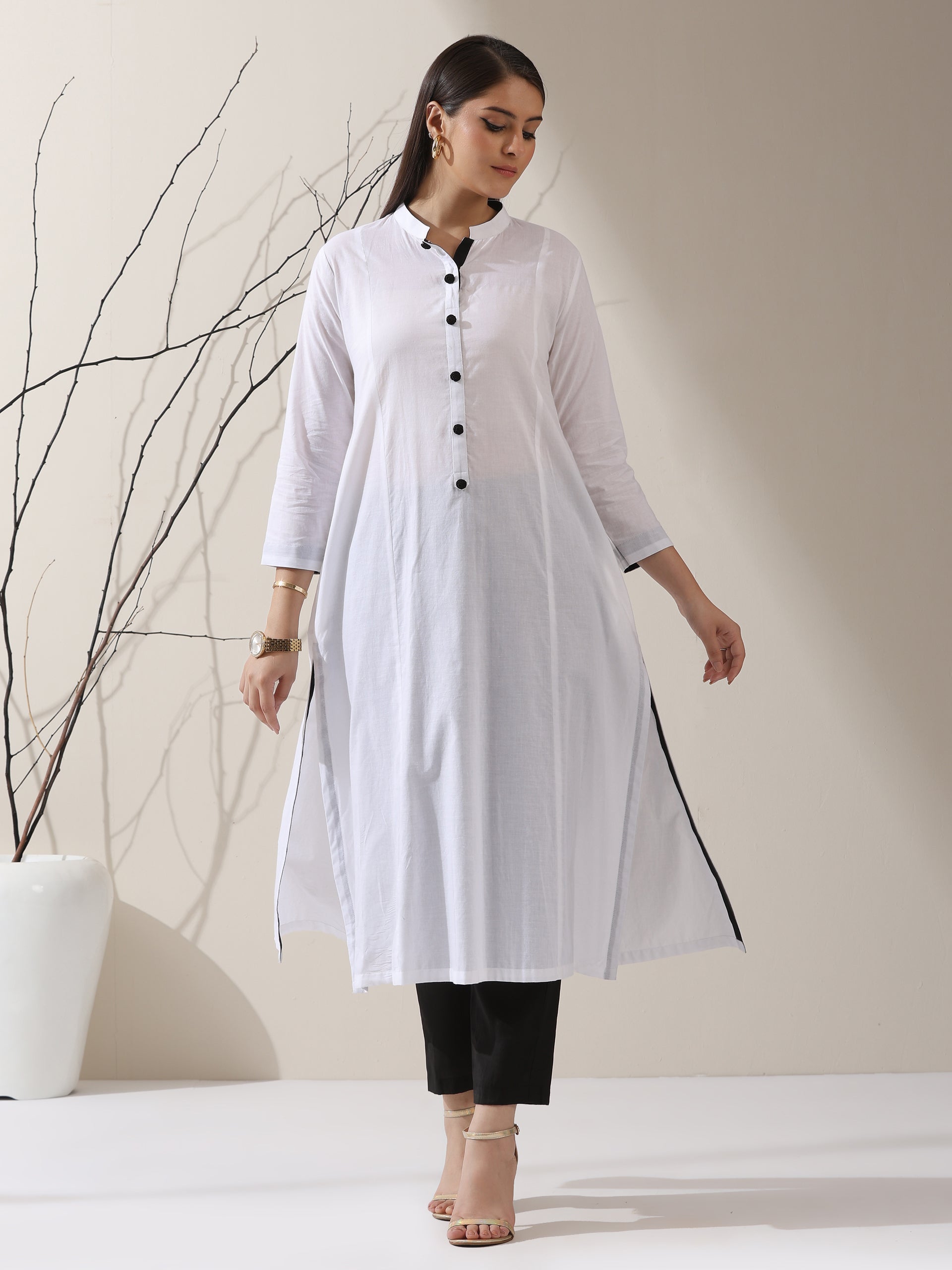 Women's White Cotton Kurta with Black Trims & Crochet Buttons and Pants | 2 Pc Set, Minimal Chic Ethnic Co-ord