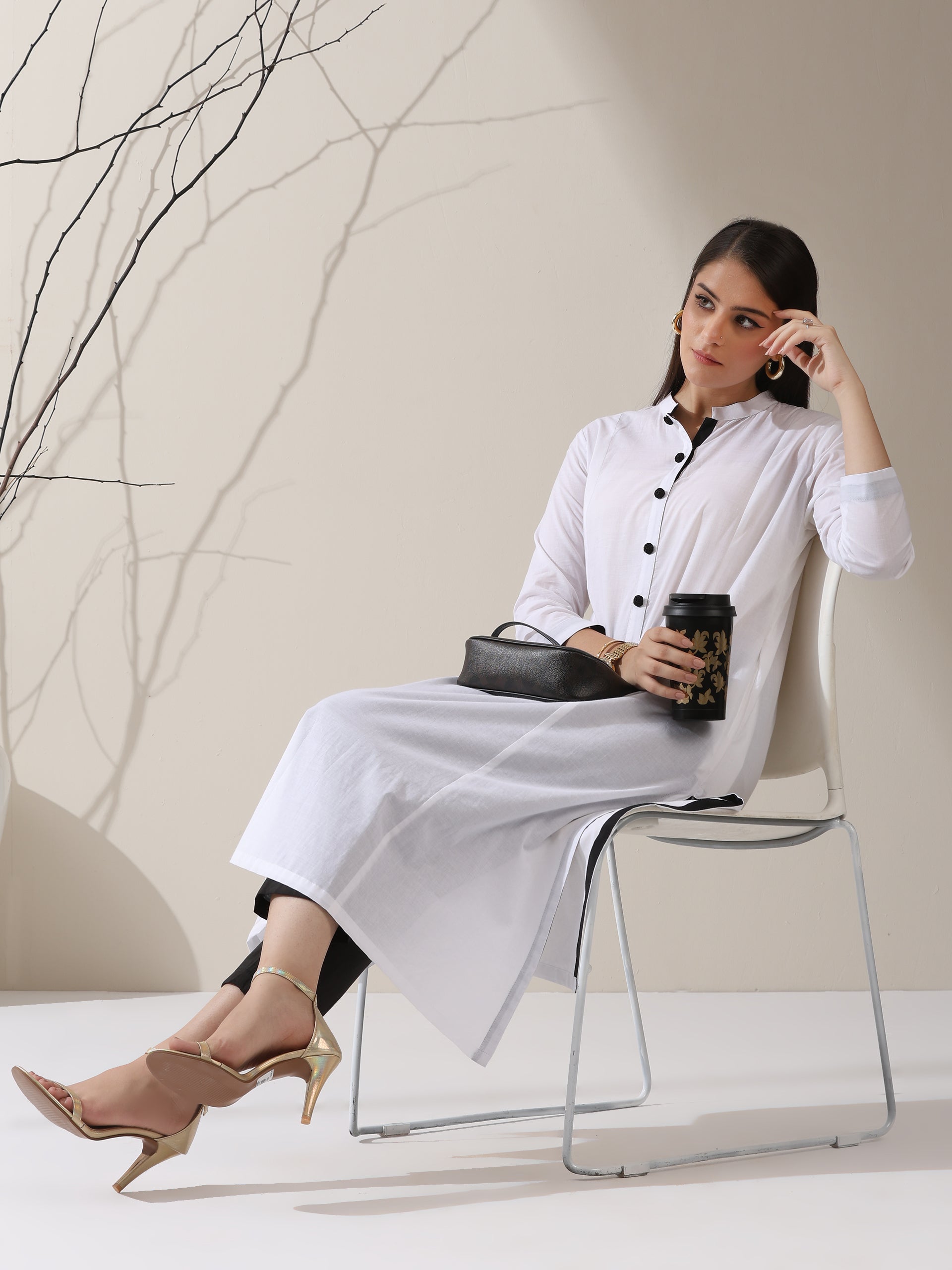 Women's White Cotton Kurta with Black Trims & Crochet Buttons and Pants | 2 Pc Set, Minimal Chic Ethnic Co-ord