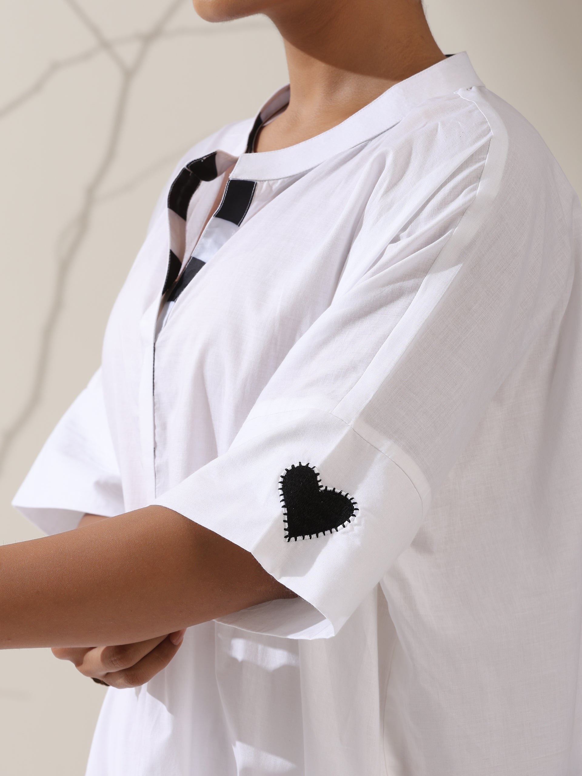 2-Piece White Cotton Kurta with Black Heart and Pants– Pearl Embellished Detailing with Matching Pants | Elegant Ethnic Co-ord