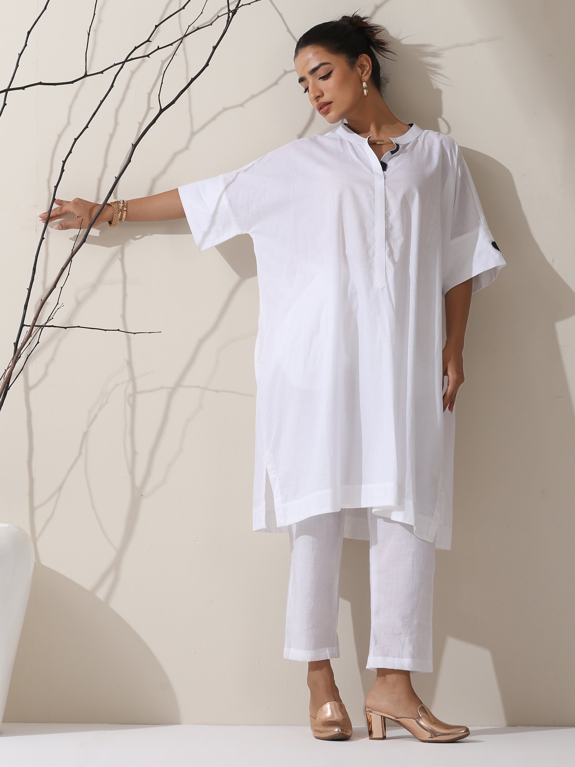 2-Piece White Cotton Kurta with Black Heart and Pants– Pearl Embellished Detailing with Matching Pants | Elegant Ethnic Co-ord