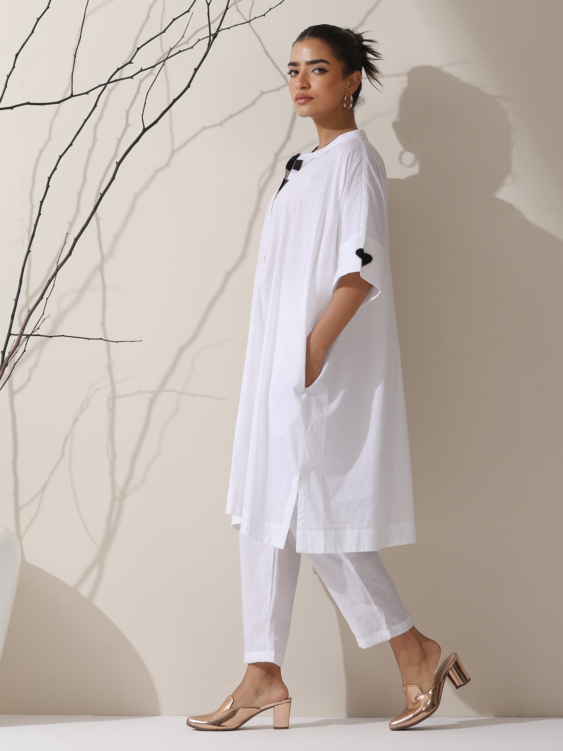 2-Piece White Cotton Kurta with Black Heart and Pants– Pearl Embellished Detailing with Matching Pants | Elegant Ethnic Co-ord