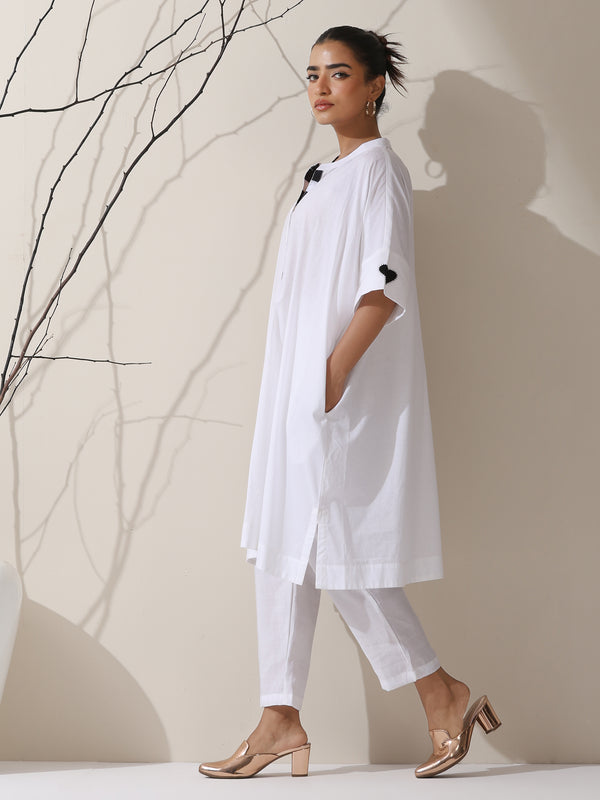 2-Piece White Cotton Kurta with Black Heart and Pants– Pearl Embellished Detailing with Matching Pants | Elegant Ethnic Co-ord