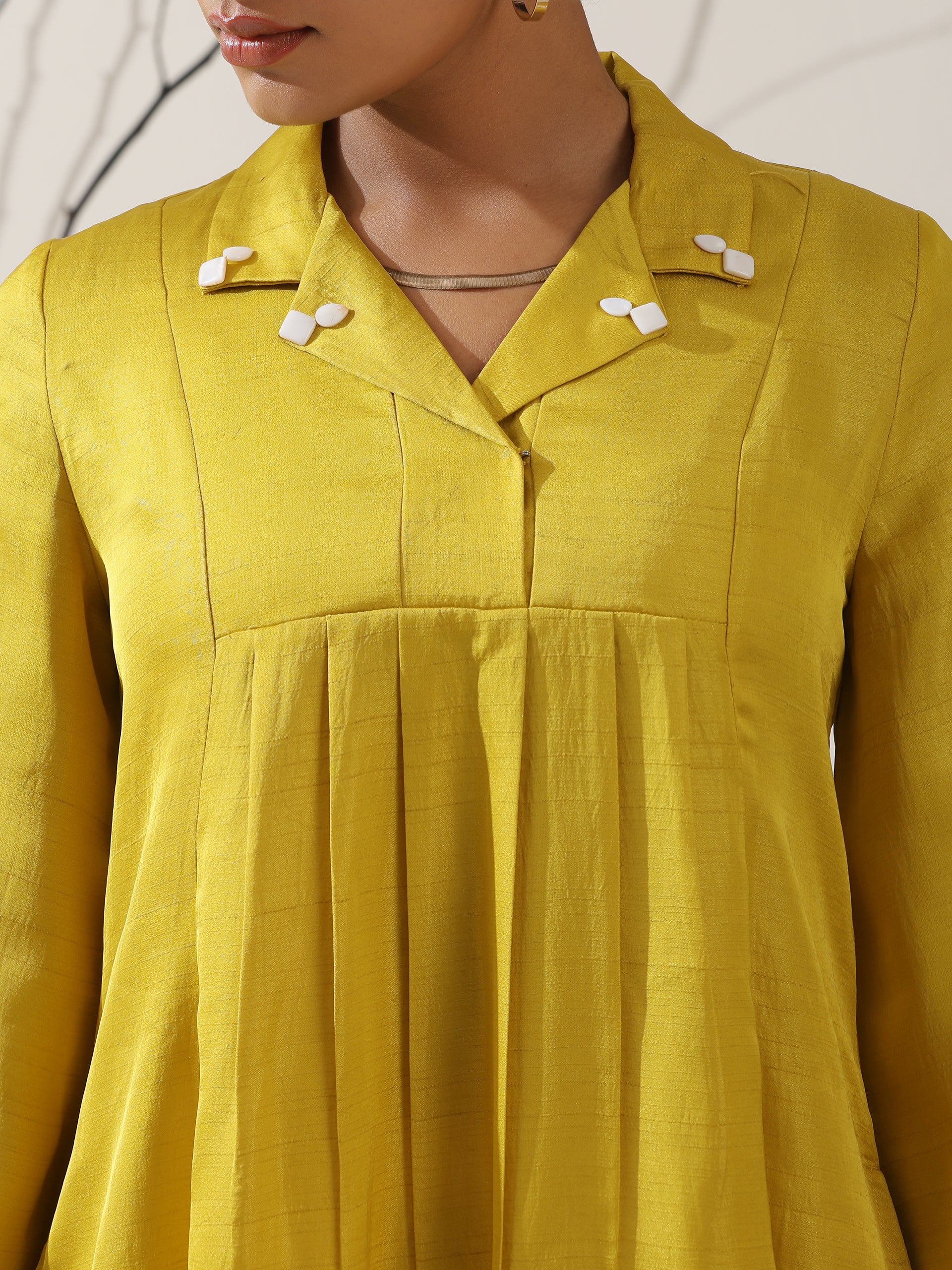 Women's Yellow Prf't Lux Bib Collar Kurta with Bead Detailing & Pants | 2 Pc Set, Luxe Ethnic Co-ord, Elegant Festive Ensemble