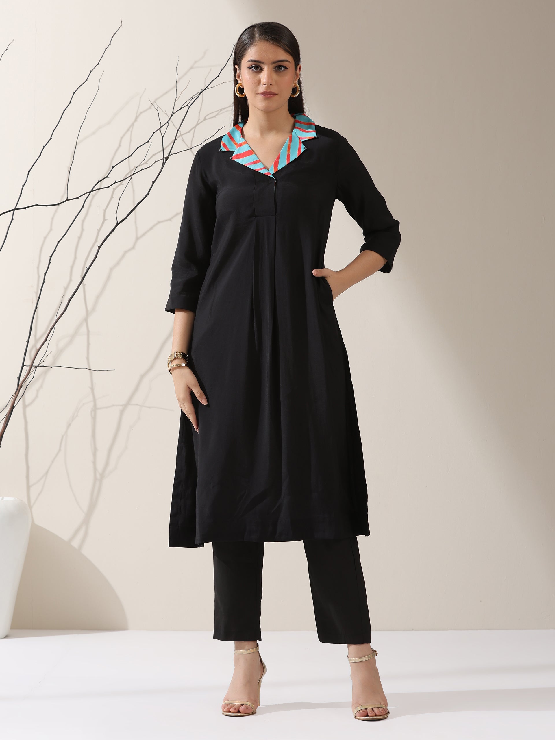 Women's Black AirSkin Kurta with Blue-Orange Striped Collar & Pants | 2 Pc Set, Lightweight Ethnic Co-ord, Contemporary Contrast Look