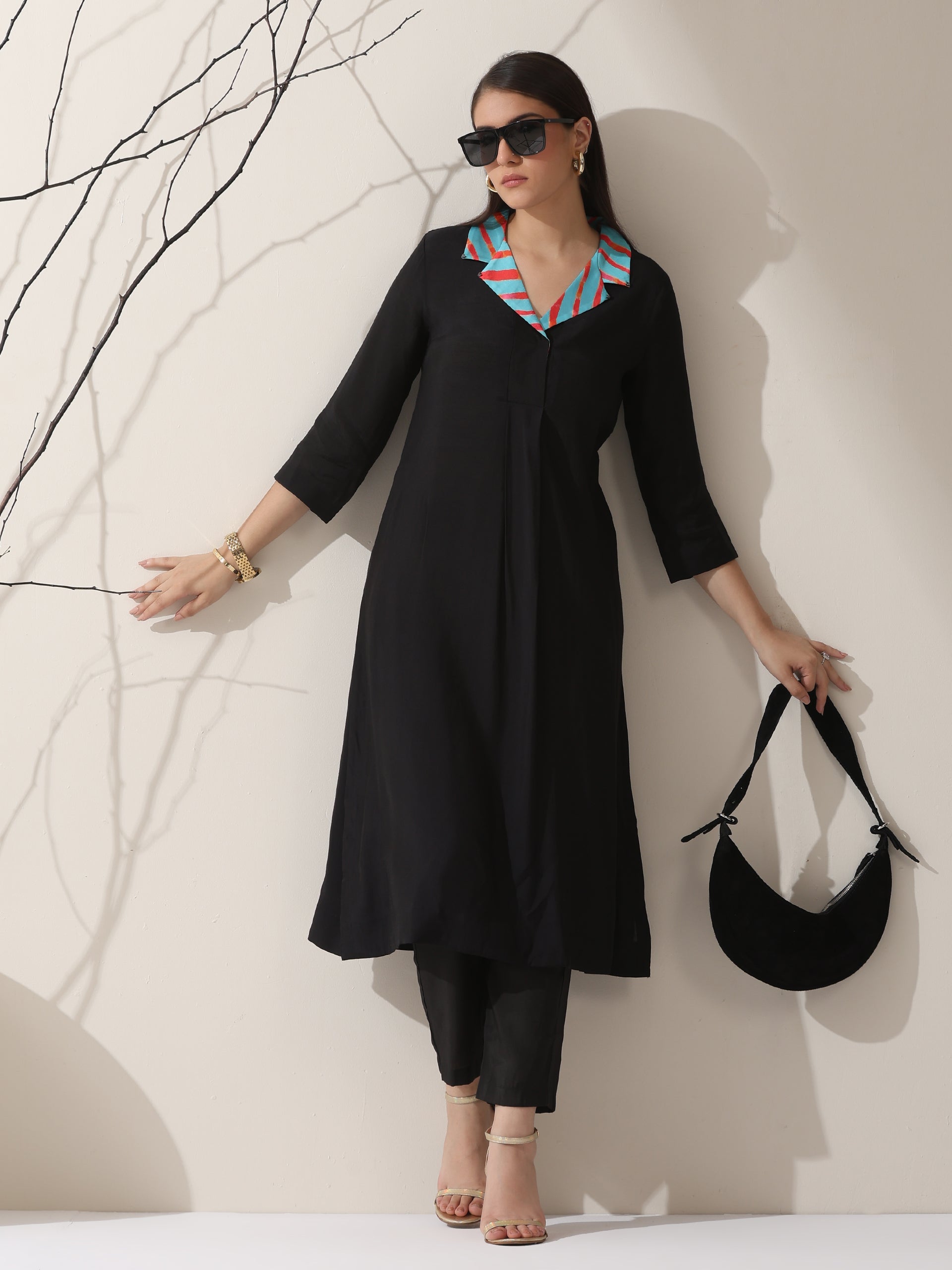 Women's Black AirSkin Kurta with Blue-Orange Striped Collar & Pants | 2 Pc Set, Lightweight Ethnic Co-ord, Contemporary Contrast Look