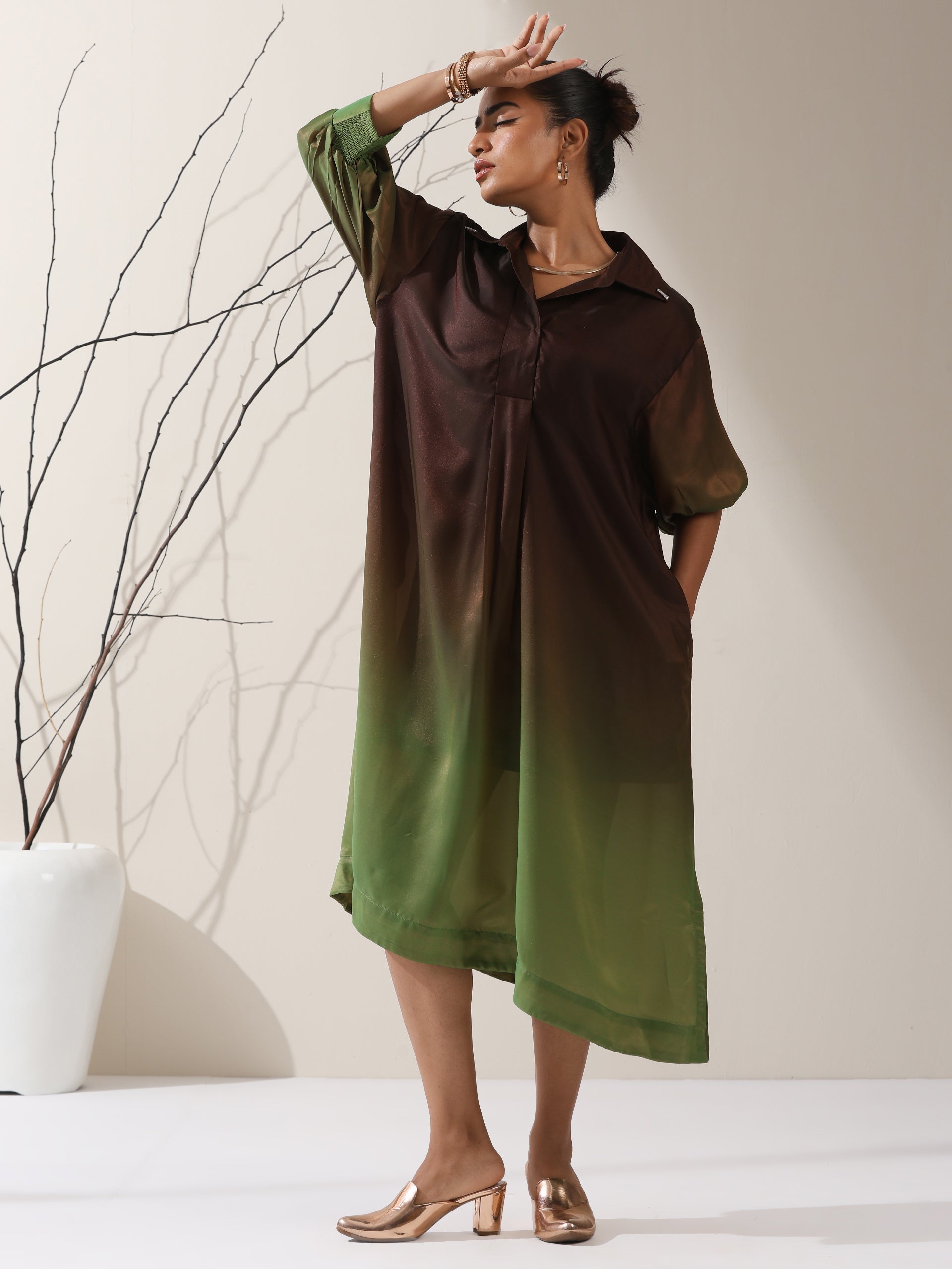 Women's Ombre Dark Chocolate & Green Chiffon Oversized Dress Shirt | 1 Pc, Flowing Silhouette, Elegant Statement Wear