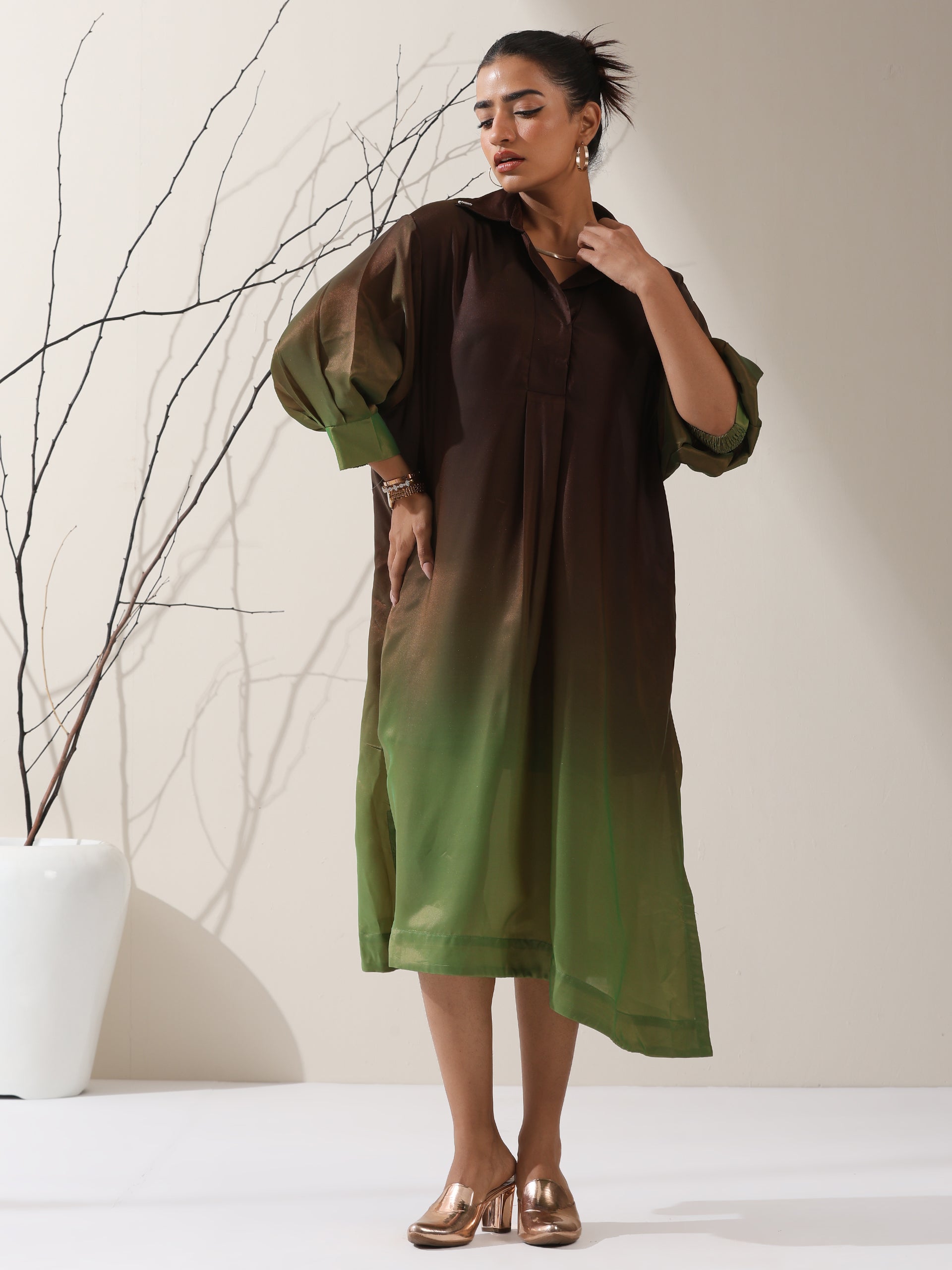 Women's Ombre Dark Chocolate & Green Chiffon Oversized Dress Shirt | 1 Pc, Flowing Silhouette, Elegant Statement Wear