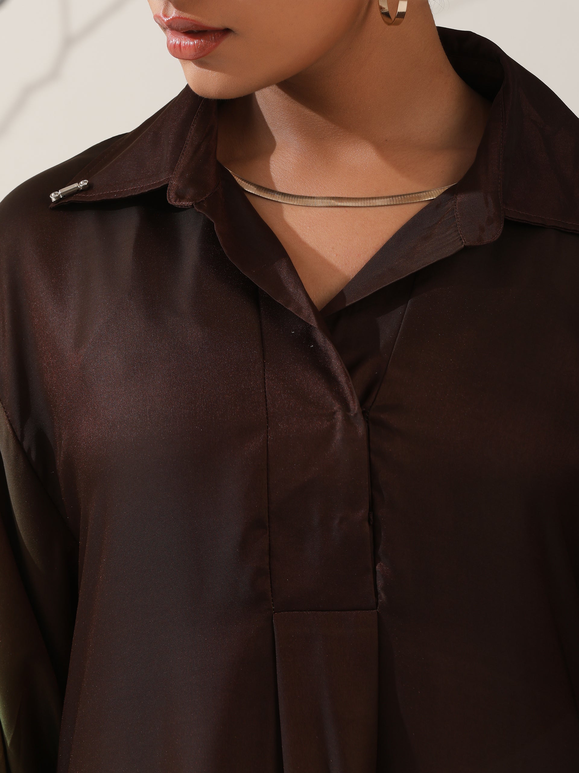 Women's Ombre Dark Chocolate & Green Chiffon Oversized Dress Shirt | 1 Pc, Flowing Silhouette, Elegant Statement Wear
