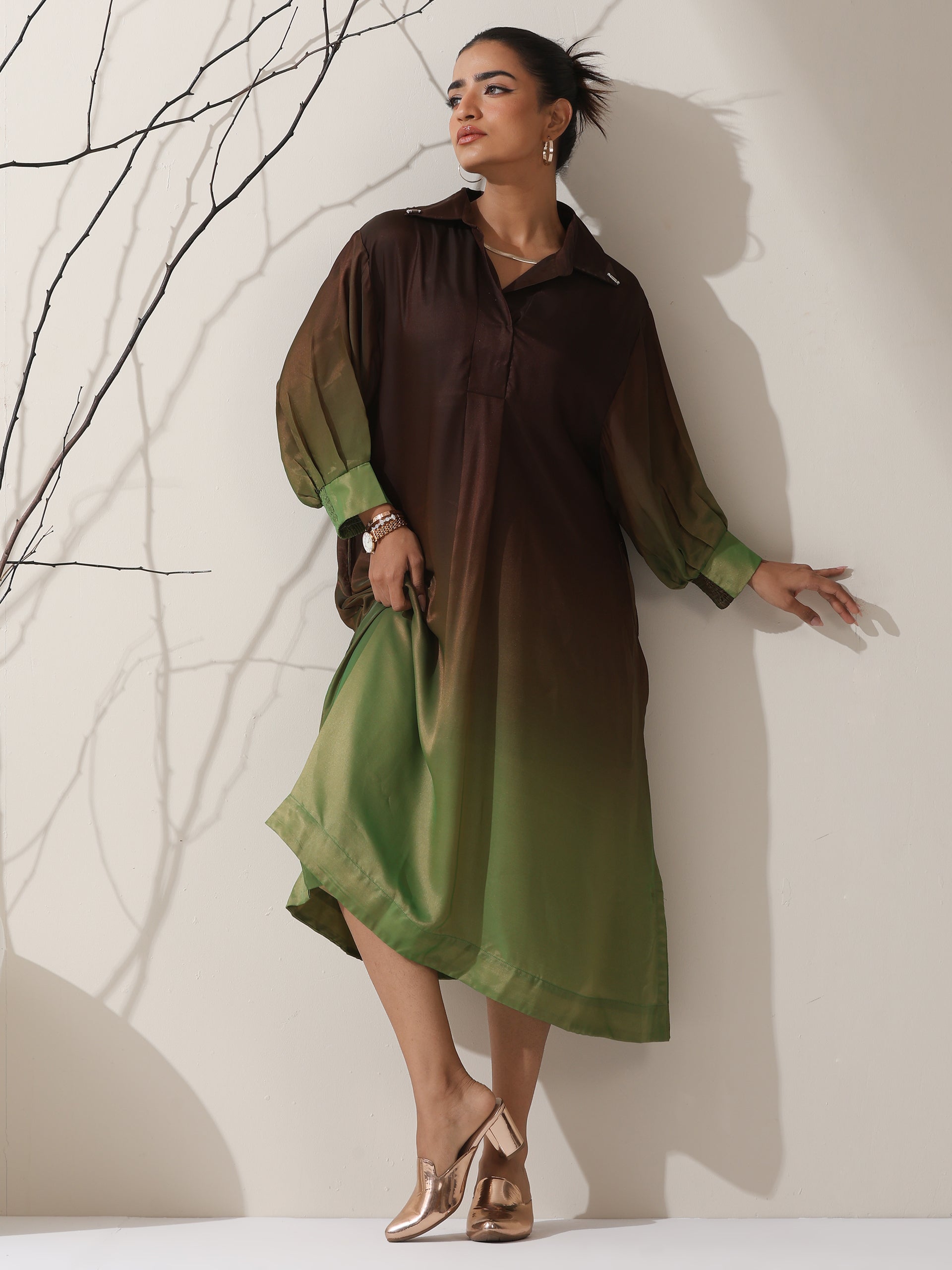 Women's Ombre Dark Chocolate & Green Chiffon Oversized Dress Shirt | 1 Pc, Flowing Silhouette, Elegant Statement Wear