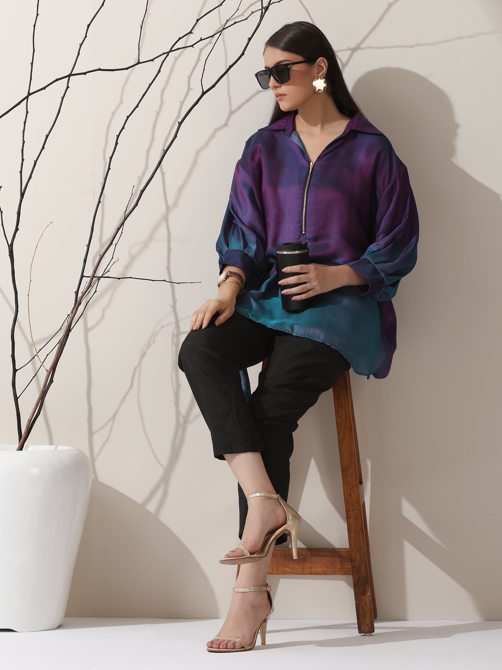 Women's Ombre'Rarity Chiffon Long Zip Shirt with Adjustable Sleeves & Black Pants | 2 Pc Set, Flowing Fusion Co-ord, Elegant Contemporary Wear