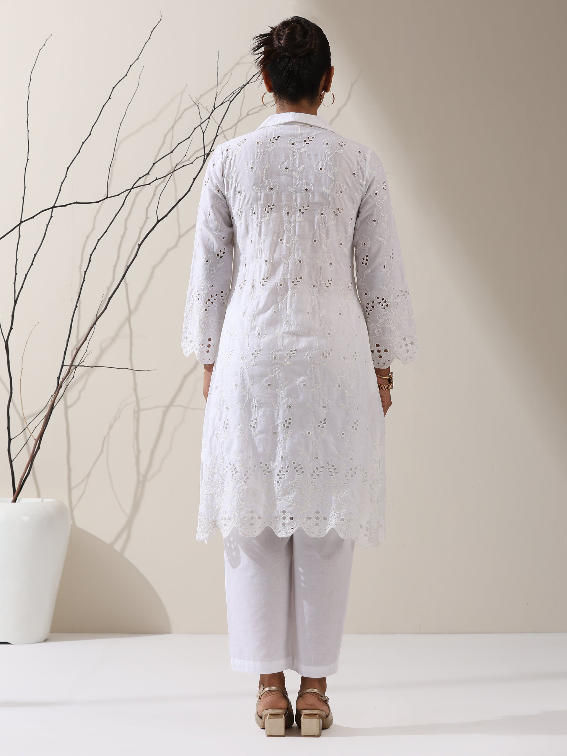 Women's White Cotton Schflli Kurta with Pants | 2 Pc Set, All-Over Creeper Embroidery, Elegant Summer Ethnic Wear