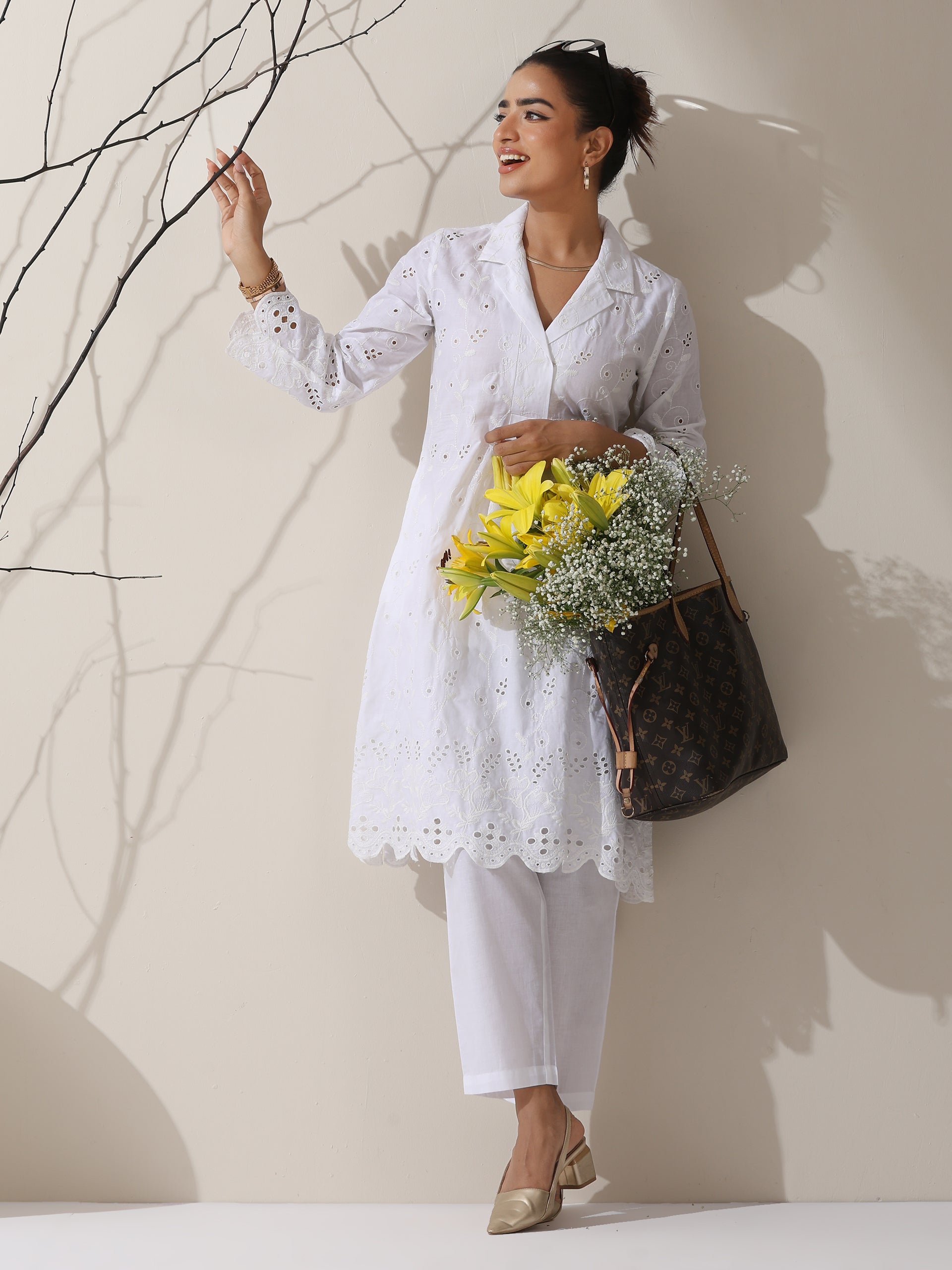 Women's White Cotton Schflli Kurta with Pants | 2 Pc Set, All-Over Creeper Embroidery, Elegant Summer Ethnic Wear