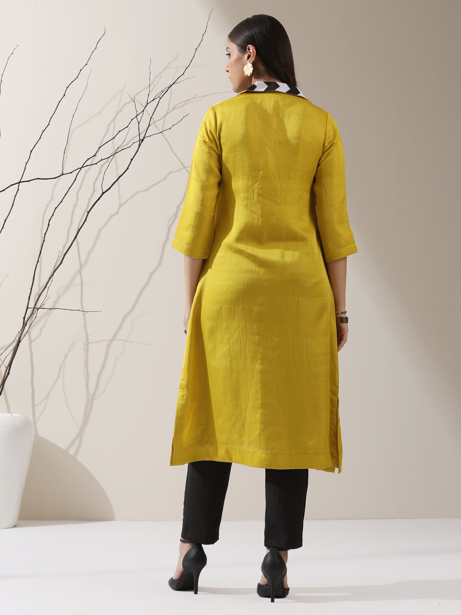 Women's Yellow Prf't Lux Kurta with Striped Collar & AirSkin Pants | 2 Pc Set, Luxe Ethnic Co-ord, Soft & Stylish Fusion Wear