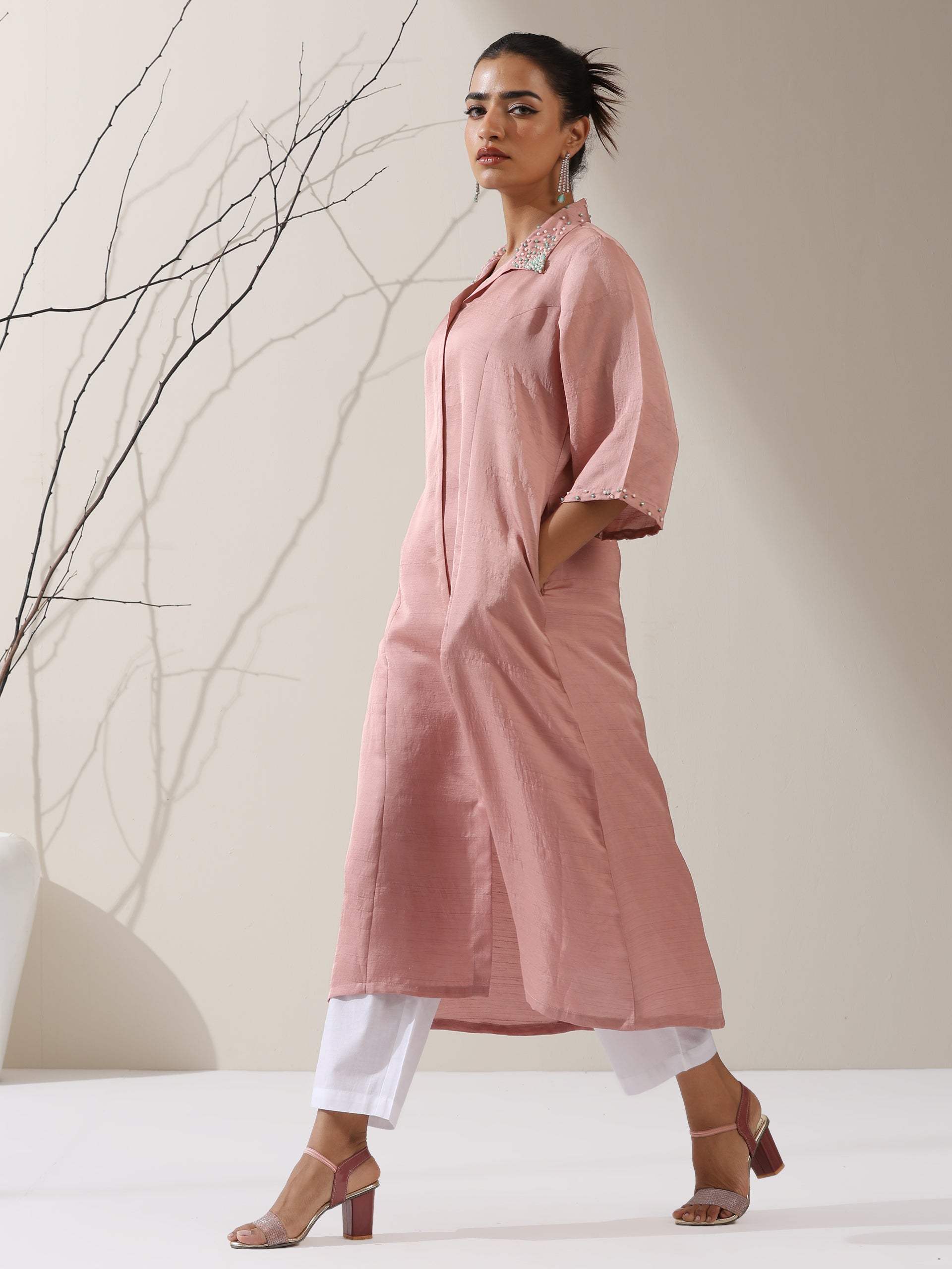 Women's Pink Prf't Lux Paneled Kurta with Beaded Collar & Pants | 2 Pc Set, Luxe Ethnic Co-ord, Elegant Festive Wear