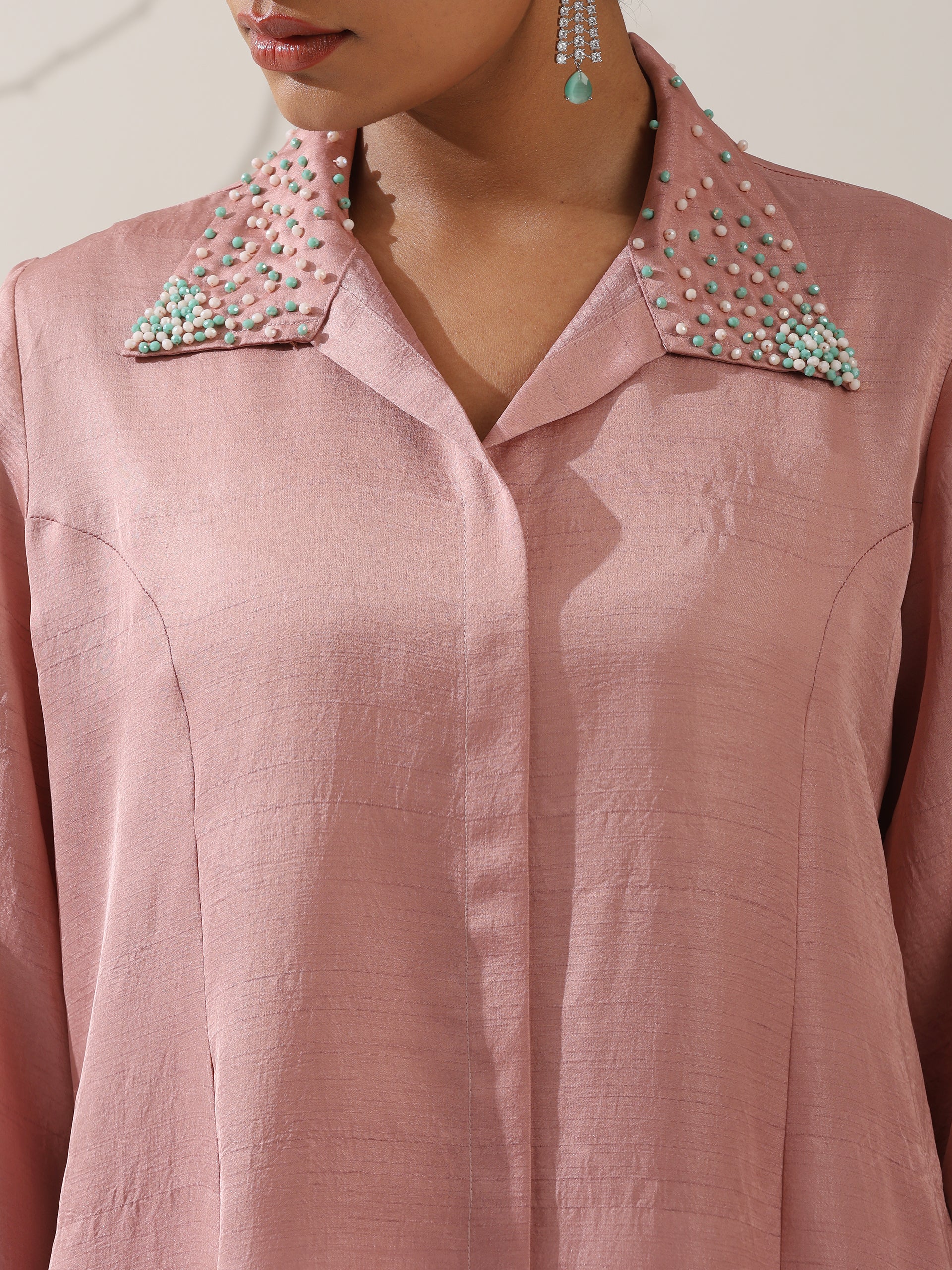 Women's Pink Prf't Lux Paneled Kurta with Beaded Collar & Pants | 2 Pc Set, Luxe Ethnic Co-ord, Elegant Festive Wear