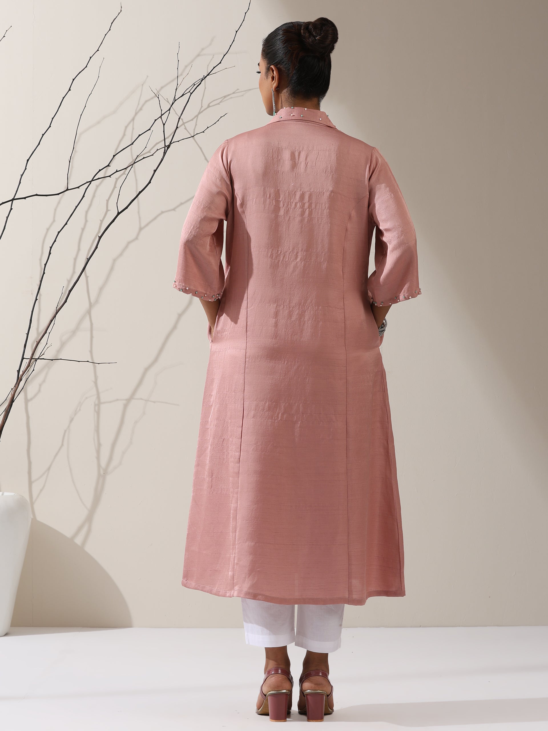 Women's Pink Prf't Lux Paneled Kurta with Beaded Collar & Pants | 2 Pc Set, Luxe Ethnic Co-ord, Elegant Festive Wear