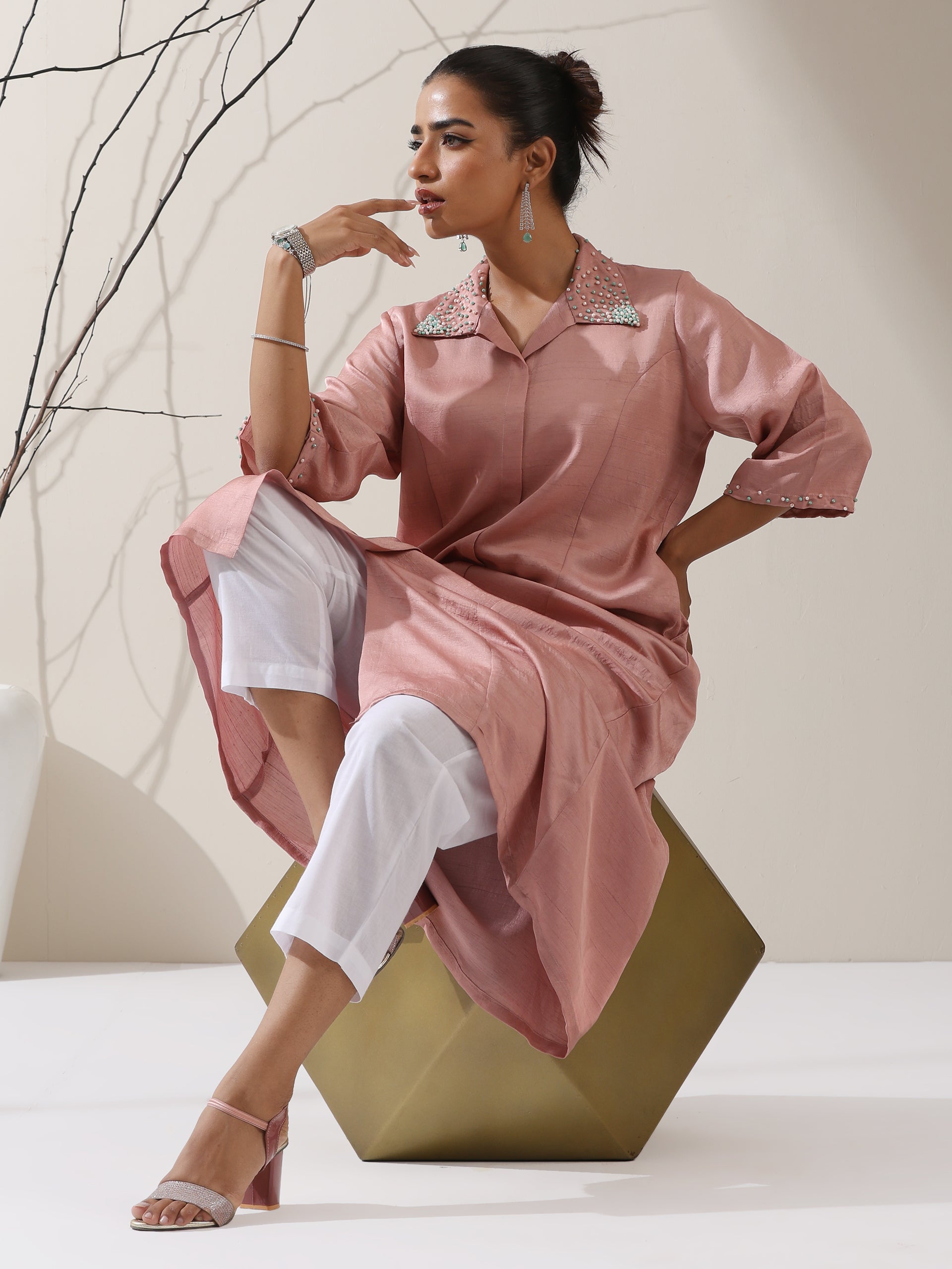 Women's Pink Prf't Lux Paneled Kurta with Beaded Collar & Pants | 2 Pc Set, Luxe Ethnic Co-ord, Elegant Festive Wear
