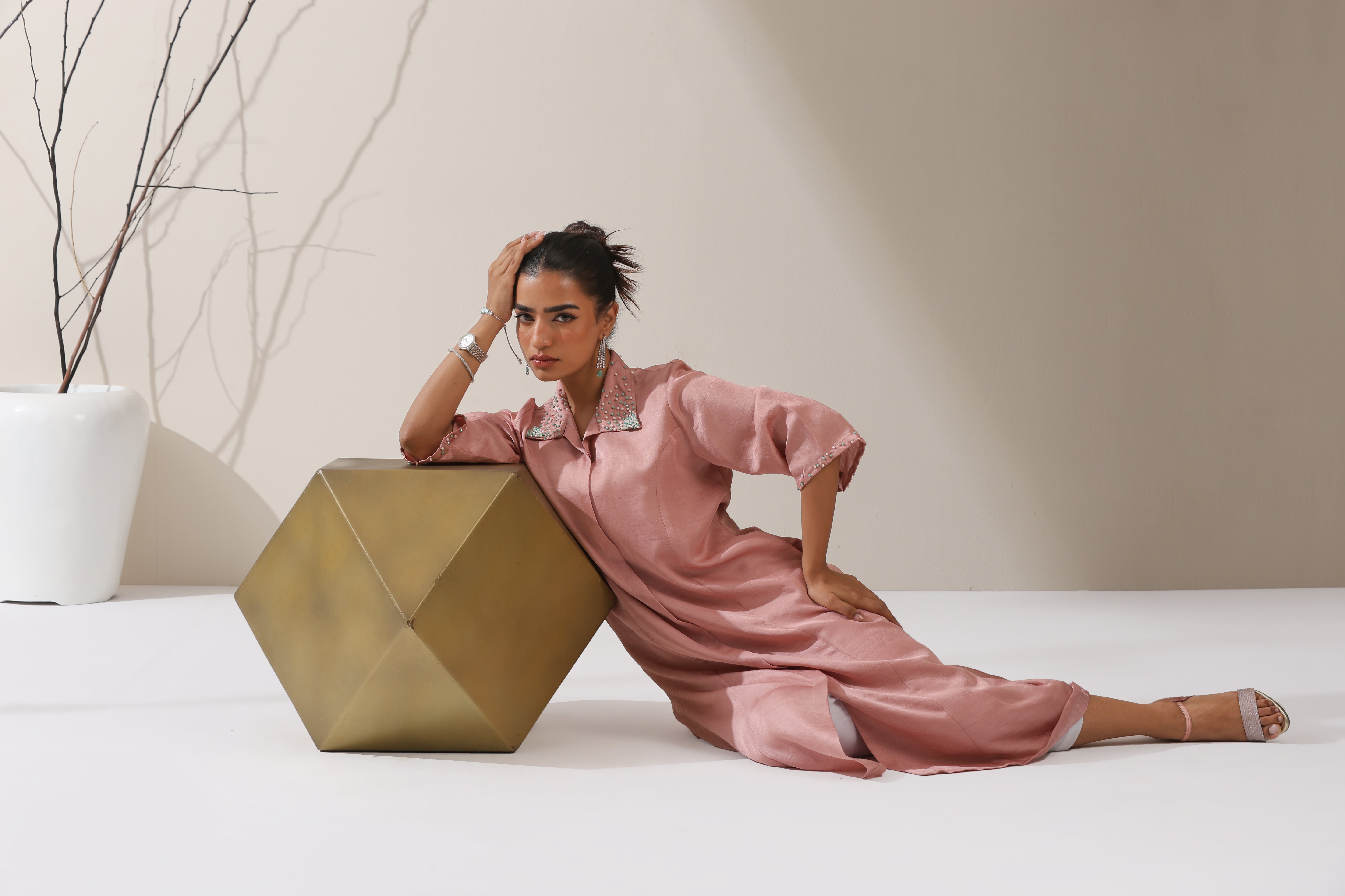 Women's Pink Prf't Lux Paneled Kurta with Beaded Collar & Pants | 2 Pc Set, Luxe Ethnic Co-ord, Elegant Festive Wear