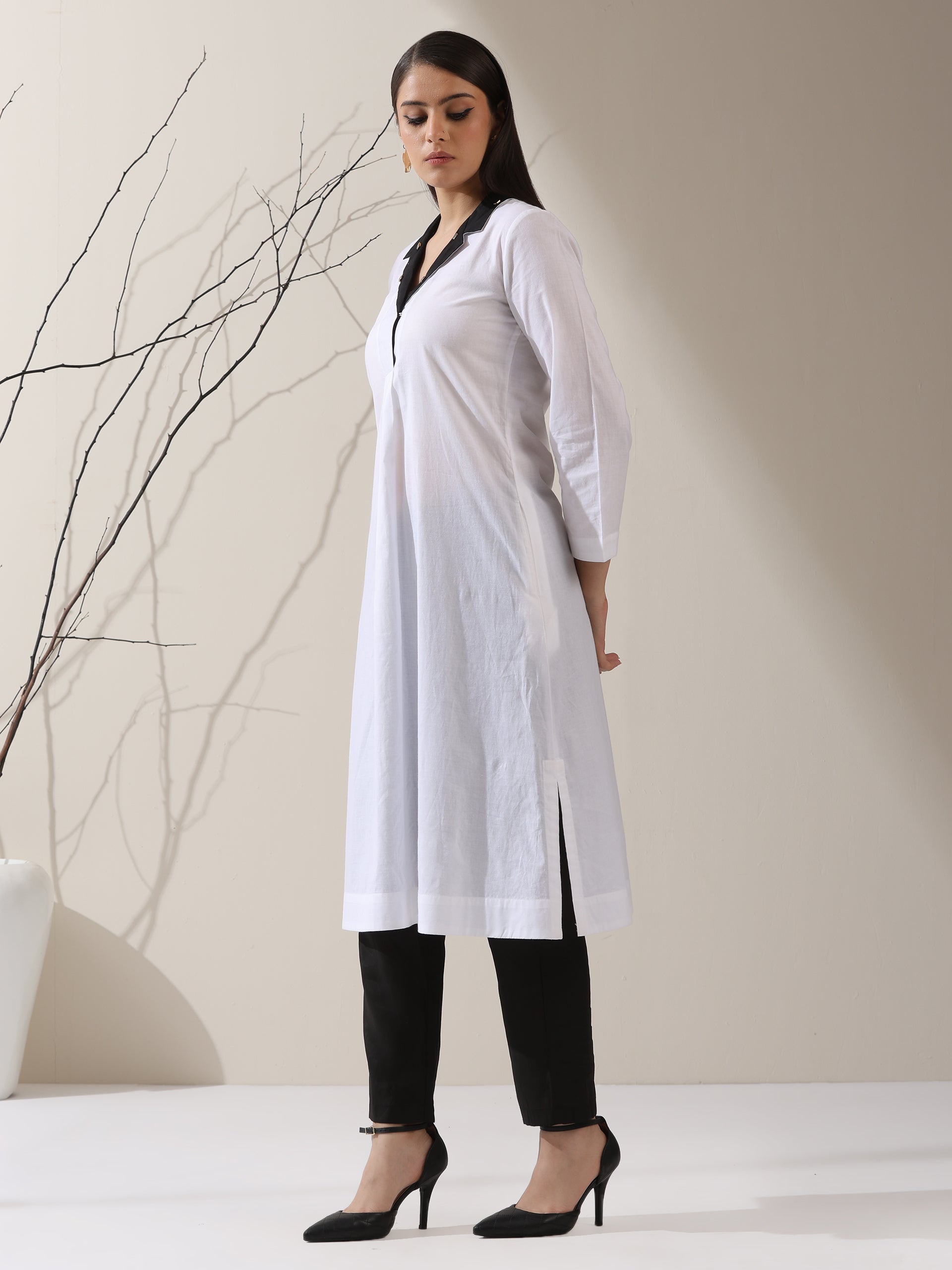 2-Piece White Cotton Kurta Set for Women – Contrast Black Collar Design with Matching Pants | Elegant Everyday Ethnic Wear