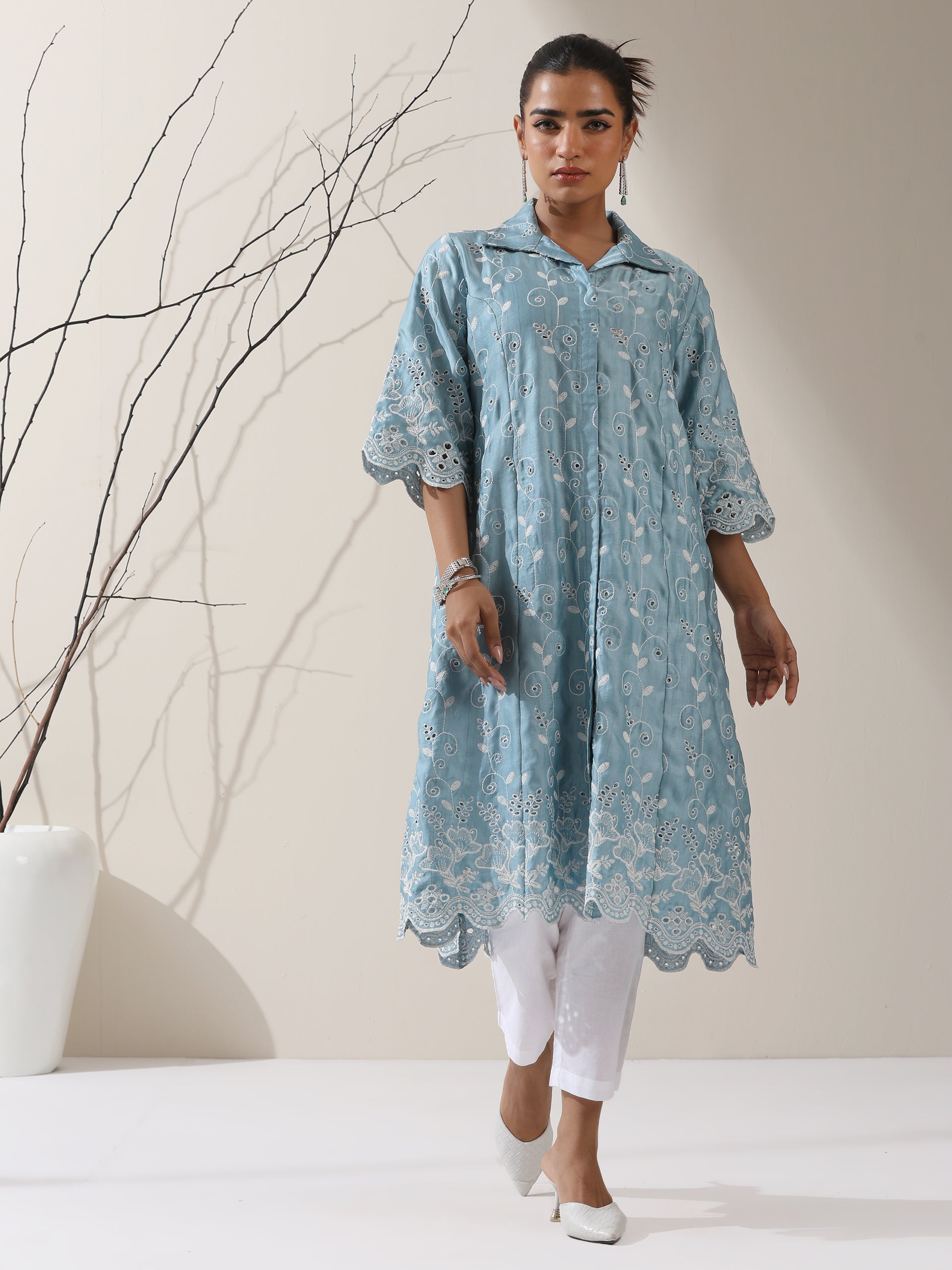 Women's Blue Lux Kurta with Creeper Schiffli & Paneled Collar and Pants | 2 Pc Set, Elegant Embroidered Co-ord, Luxe Ethnic Wear