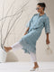 Women's Blue Lux Kurta with Creeper Schiffli & Paneled Collar and Pants | 2 Pc Set, Elegant Embroidered Co-ord, Luxe Ethnic Wear