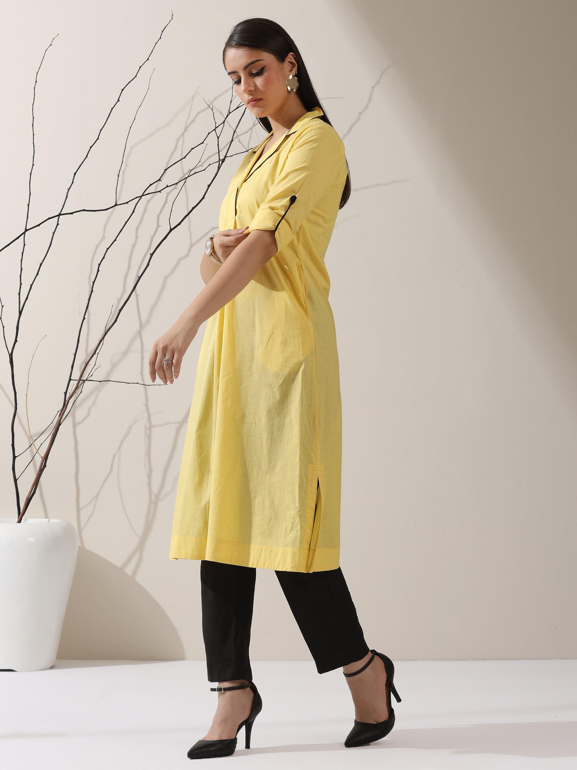 Women's SunGlow Yellow Cotton Kurta with Black Piping Collar, Roll-Up Sleeves & Pants | 2 Pc Set, Bright Ethnic Co-ord, Chic Everyday Wear