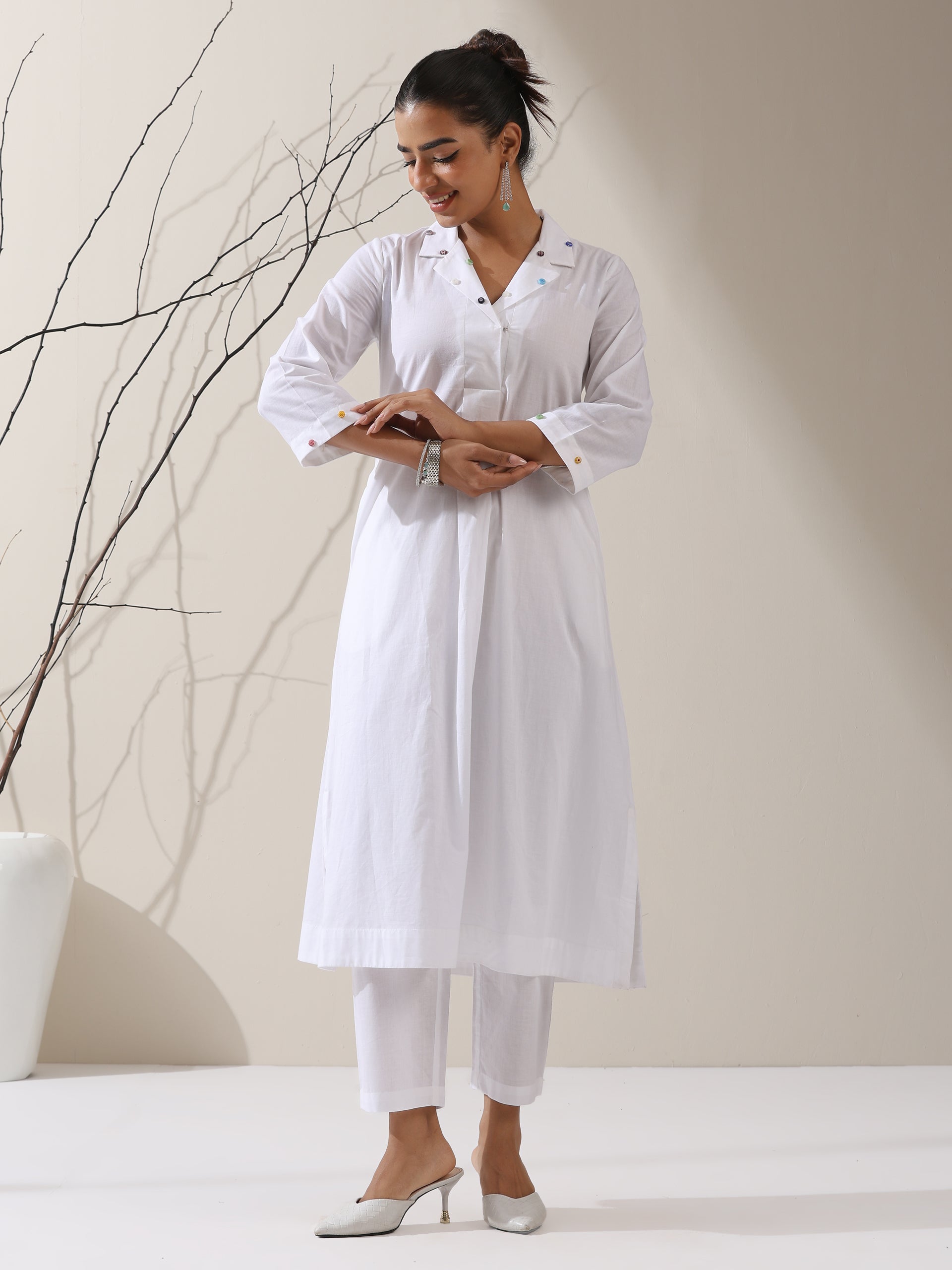 Women's White Cotton Kurta with Dotted Collar & Pants | 2 Pc Set, Minimal Elegance, Comfortable Ethnic Co-ord