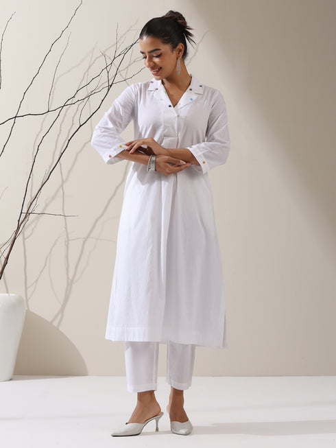 Women's White Cotton Kurta with Dotted Collar & Pants | 2 Pc Set, Minimal Elegance, Comfortable Ethnic Co-ord