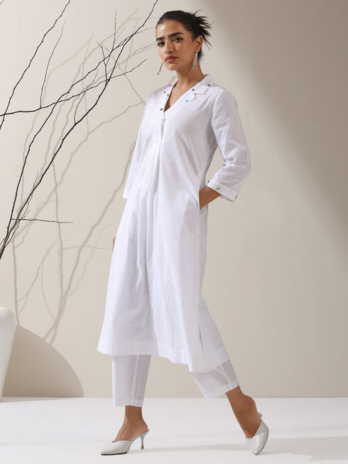 Women's White Cotton Kurta with Dotted Collar & Pants | 2 Pc Set, Minimal Elegance, Comfortable Ethnic Co-ord
