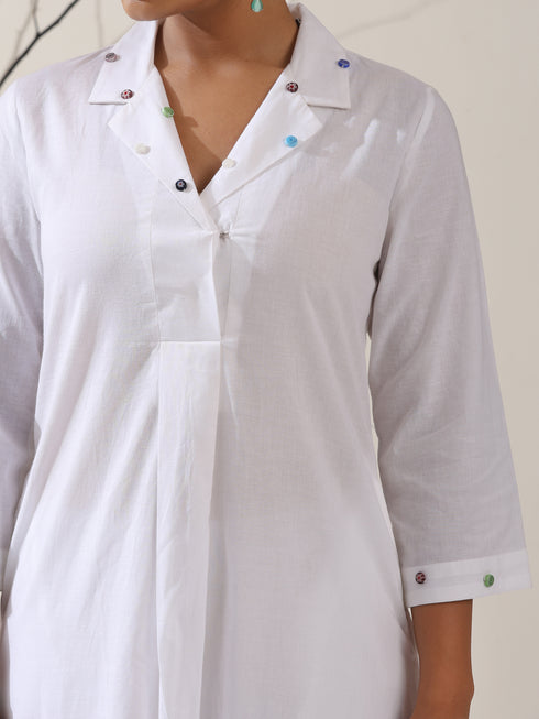 Women's White Cotton Kurta with Dotted Collar & Pants | 2 Pc Set, Minimal Elegance, Comfortable Ethnic Co-ord