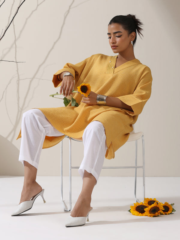 2-Piece Mellow Linen Blend Overlap Kurta Set – Japanese-Inspired Hand-Stitched Top with White Cotton Pants | Elegant Women’s Co-ord